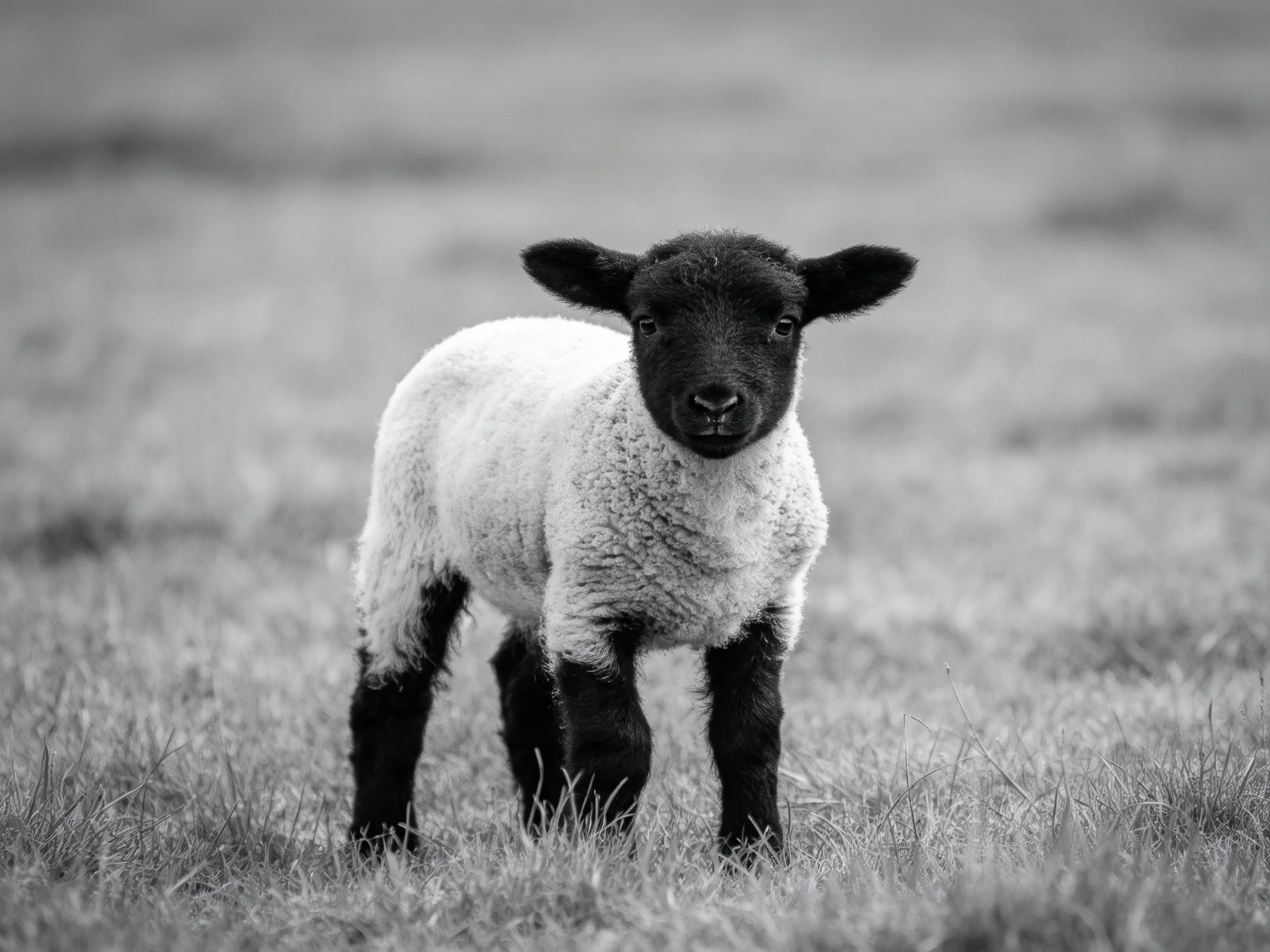 A young lamb with black face and legs stands in a grassy field
