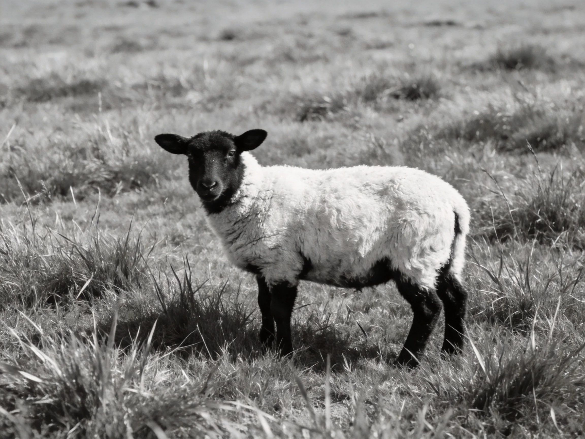 A young lamb with dark markings stands in a grassy field