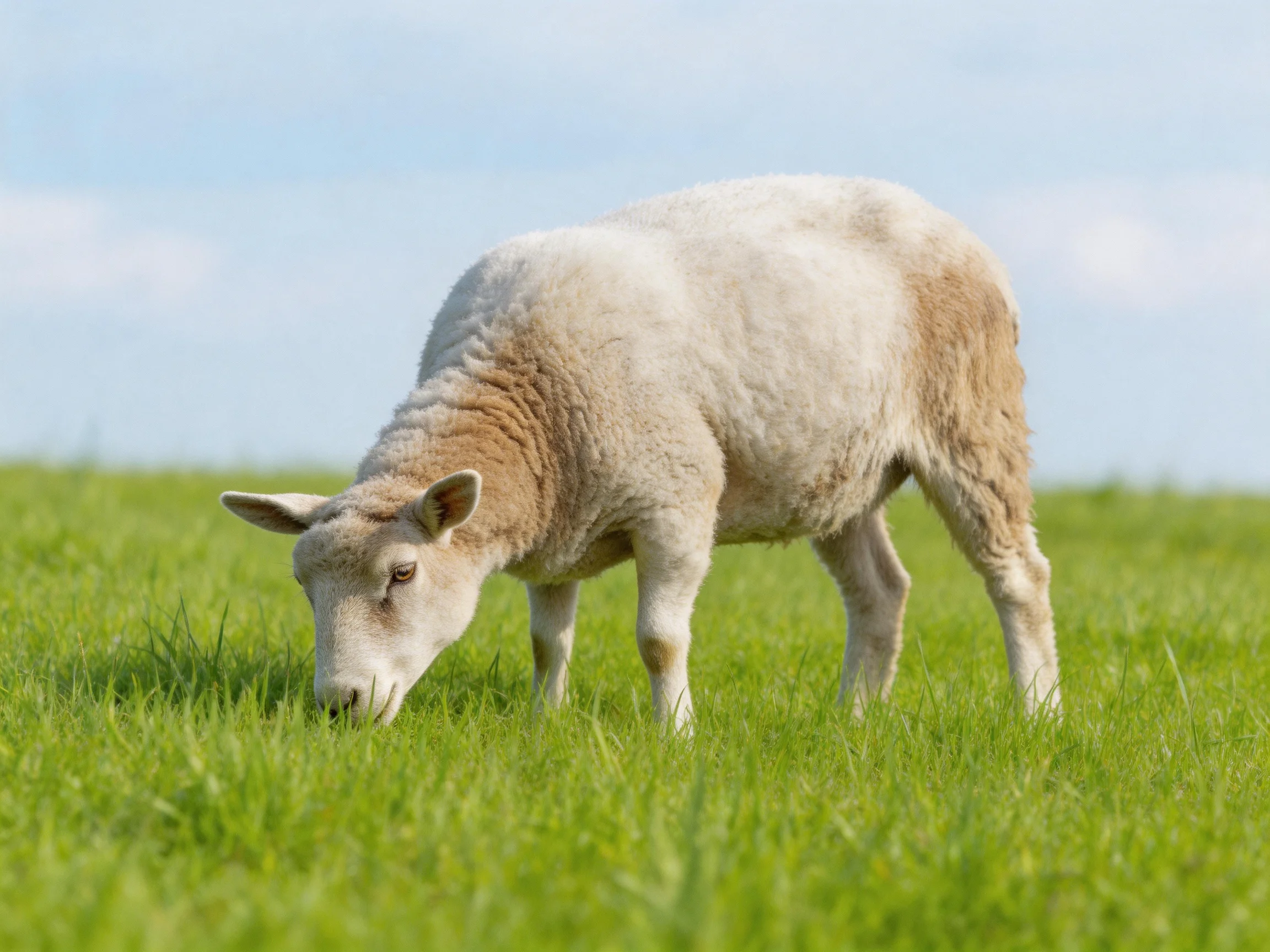 A young sheep grazes in a lush green meadow under clear sky