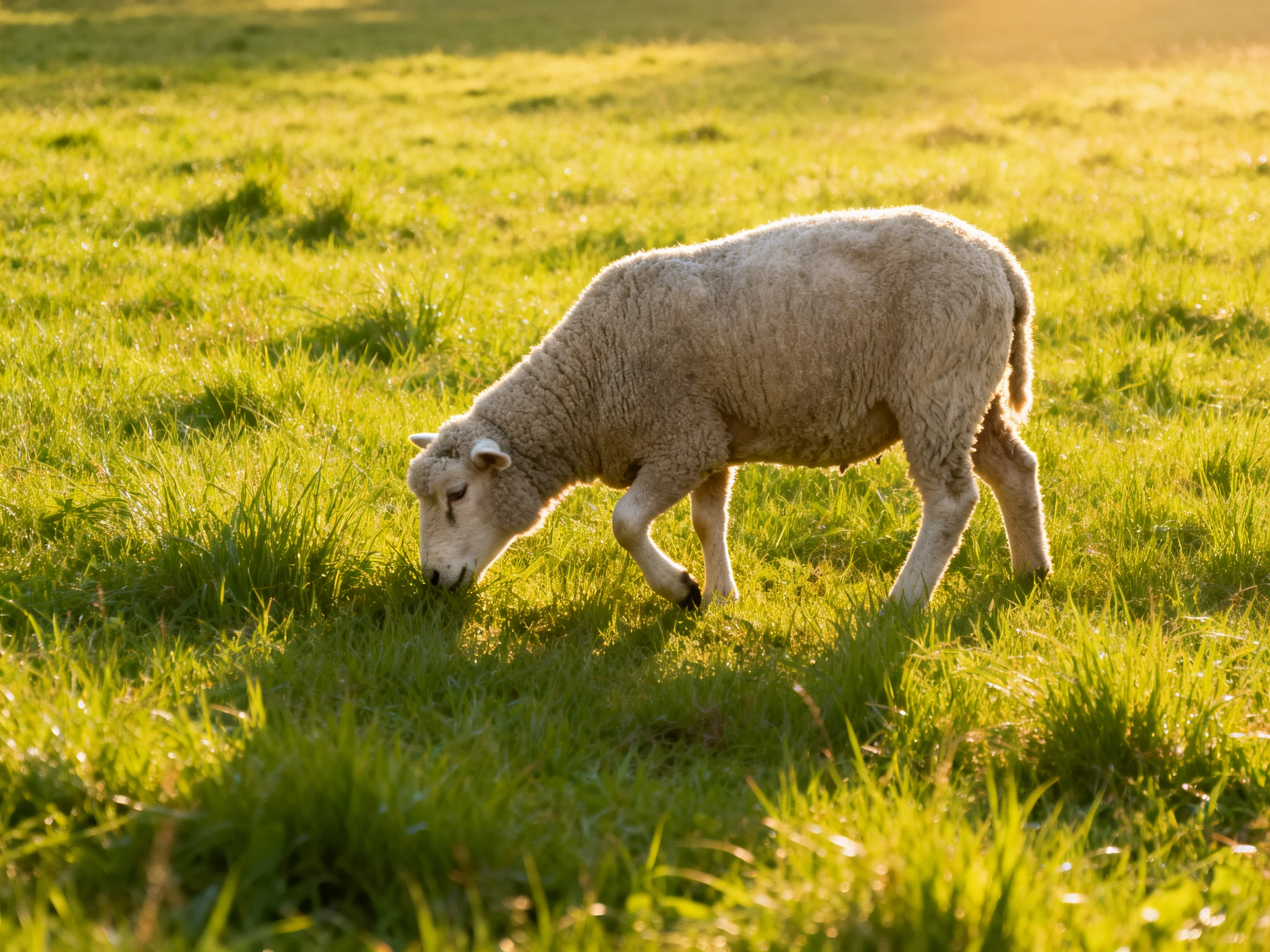 A young sheep grazes in a sunlit, lush green meadow
