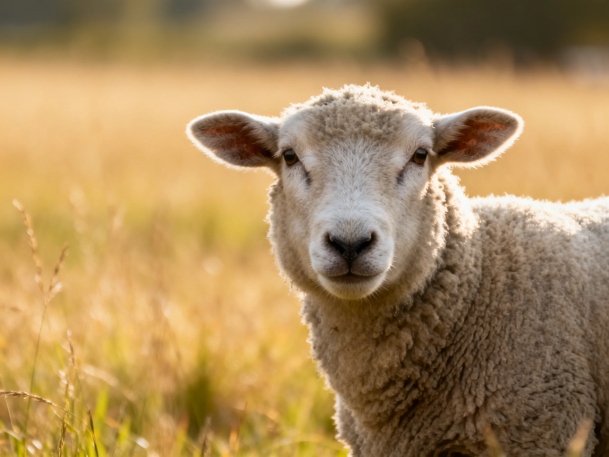 A young sheep in sun-kissed golden grasslands