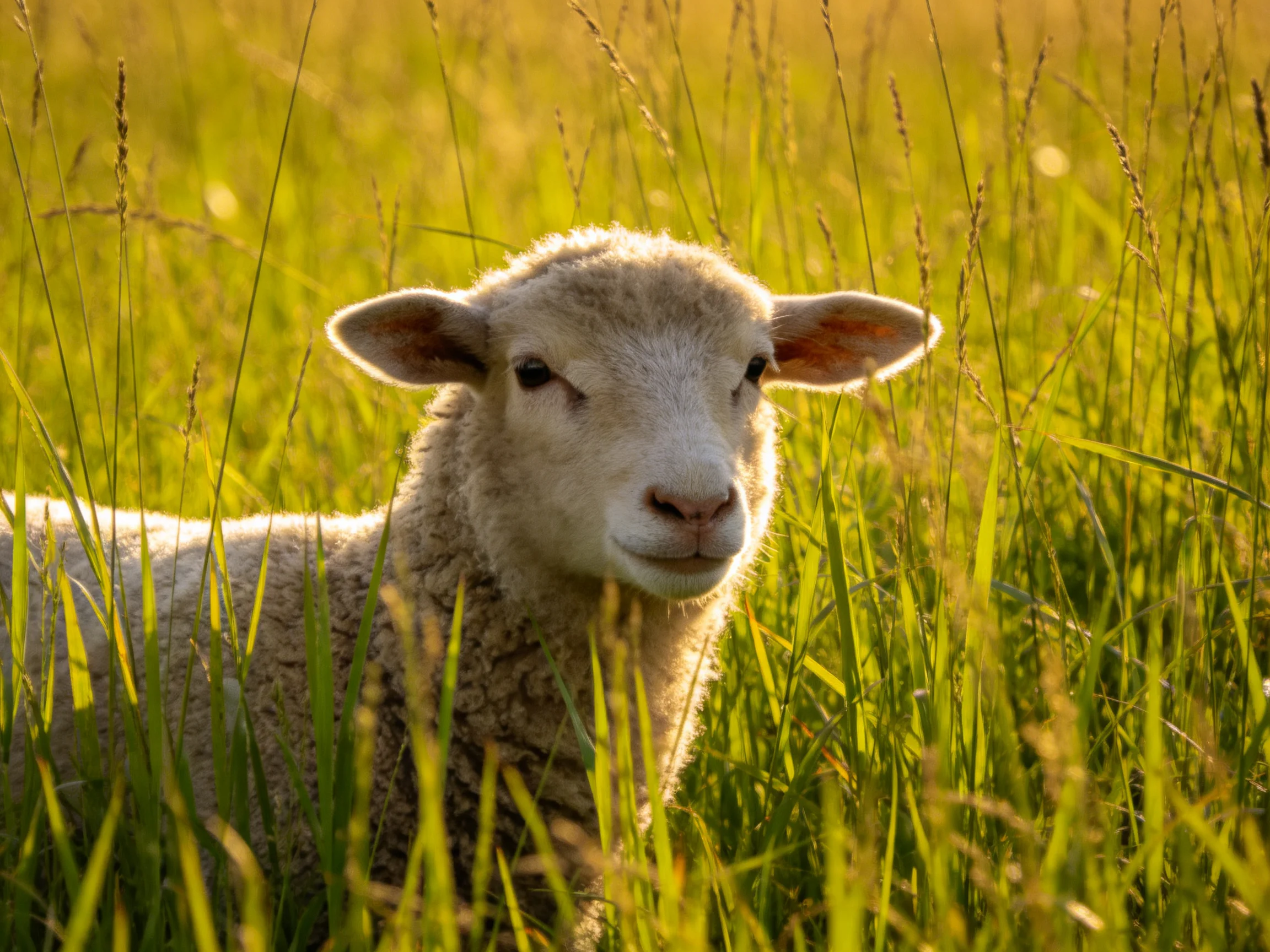 A young sheep in tall golden-hued grass under warm sunlight