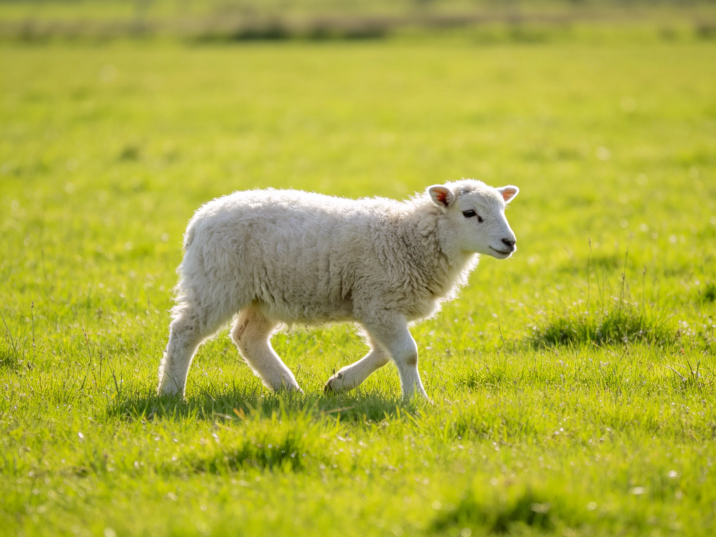 A young sheep roams in a sunlit green pasture