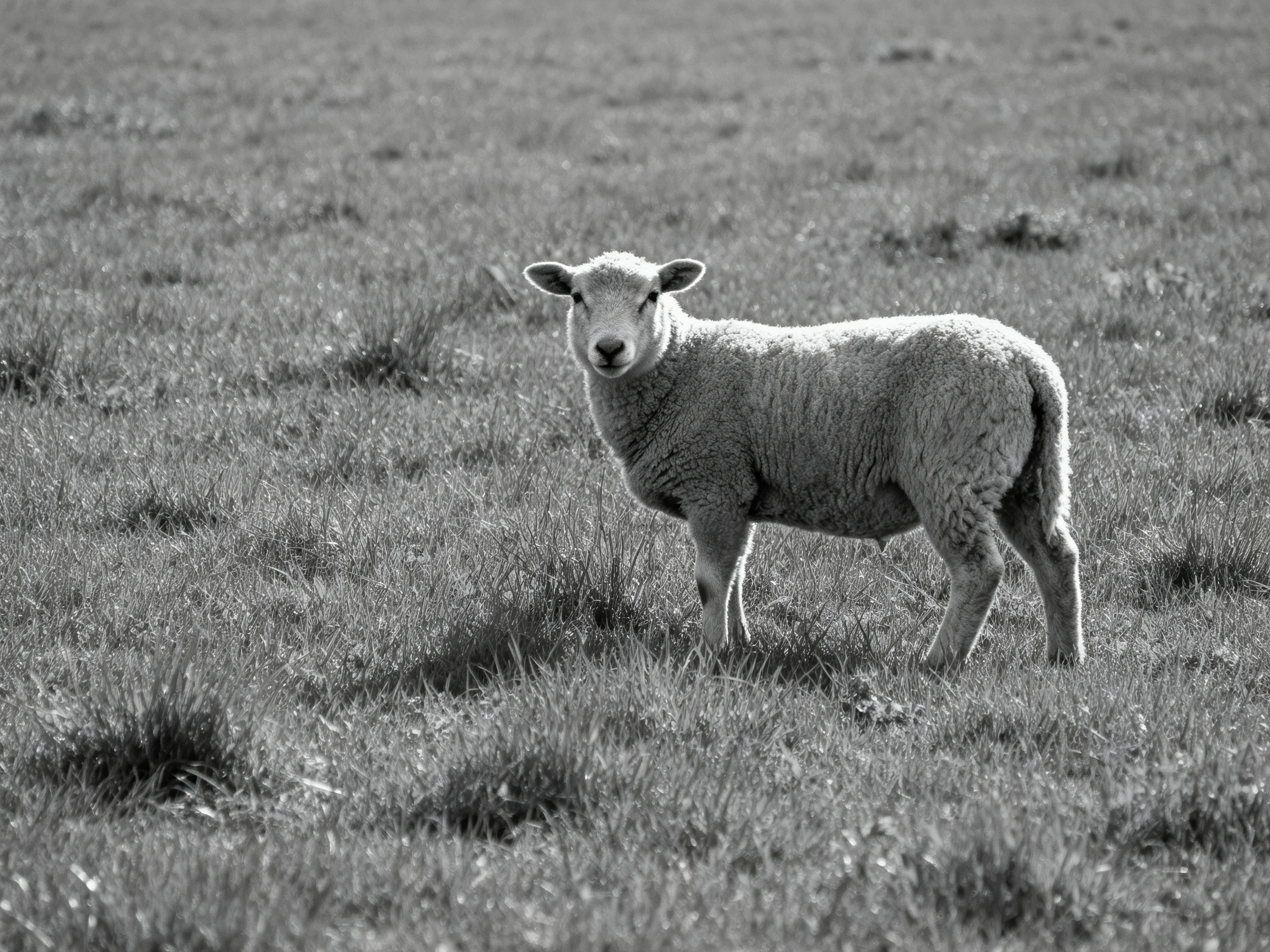 A young sheep stands alone in a vast grassy field