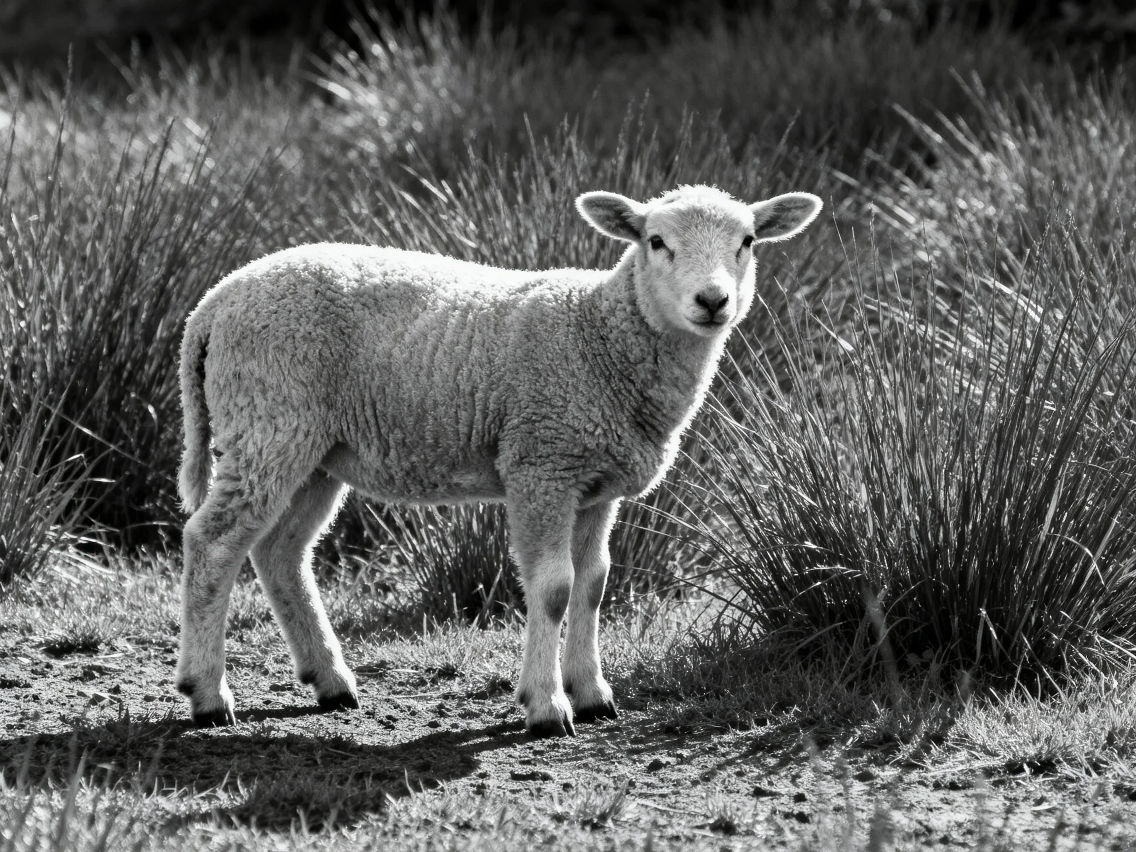 A young sheep stands amid tall grasses in a monochrome landscape
