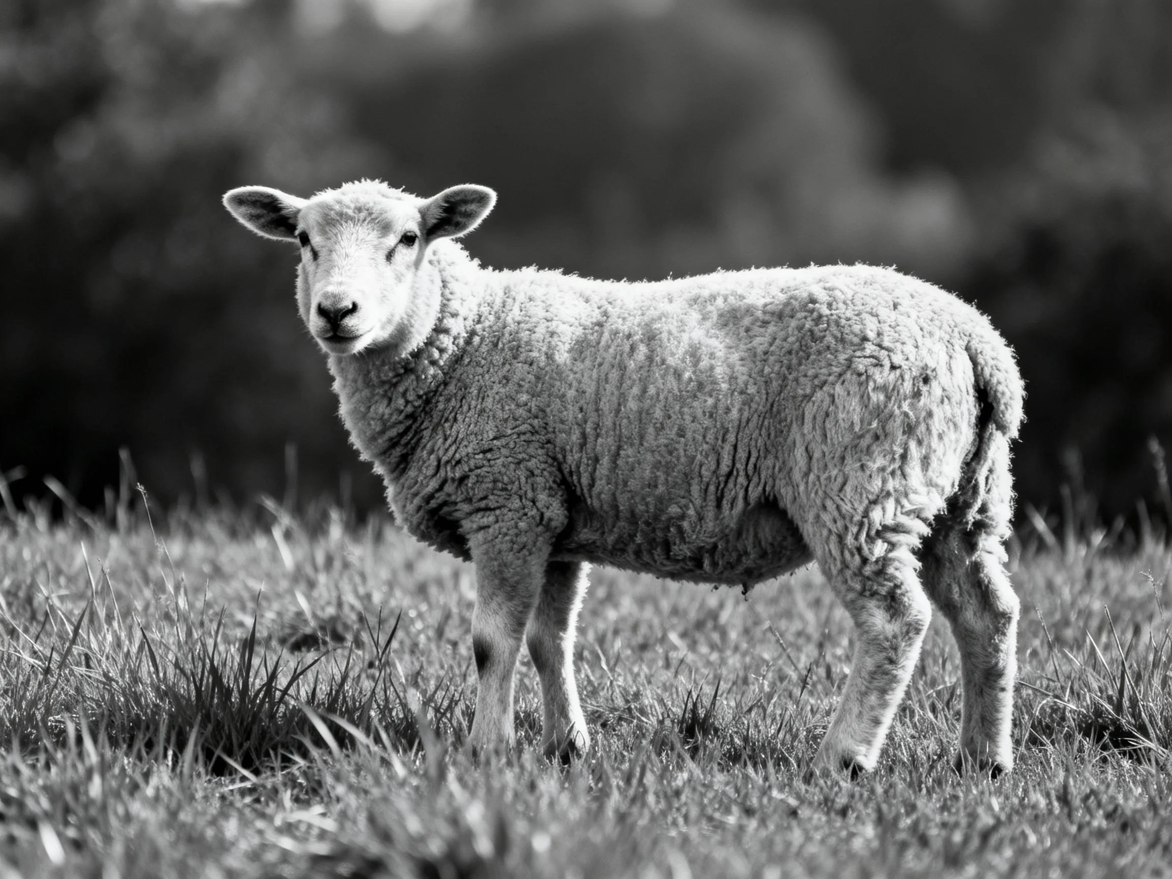 A young sheep stands in a grassy field, monochrome showcasing its woolly texture.