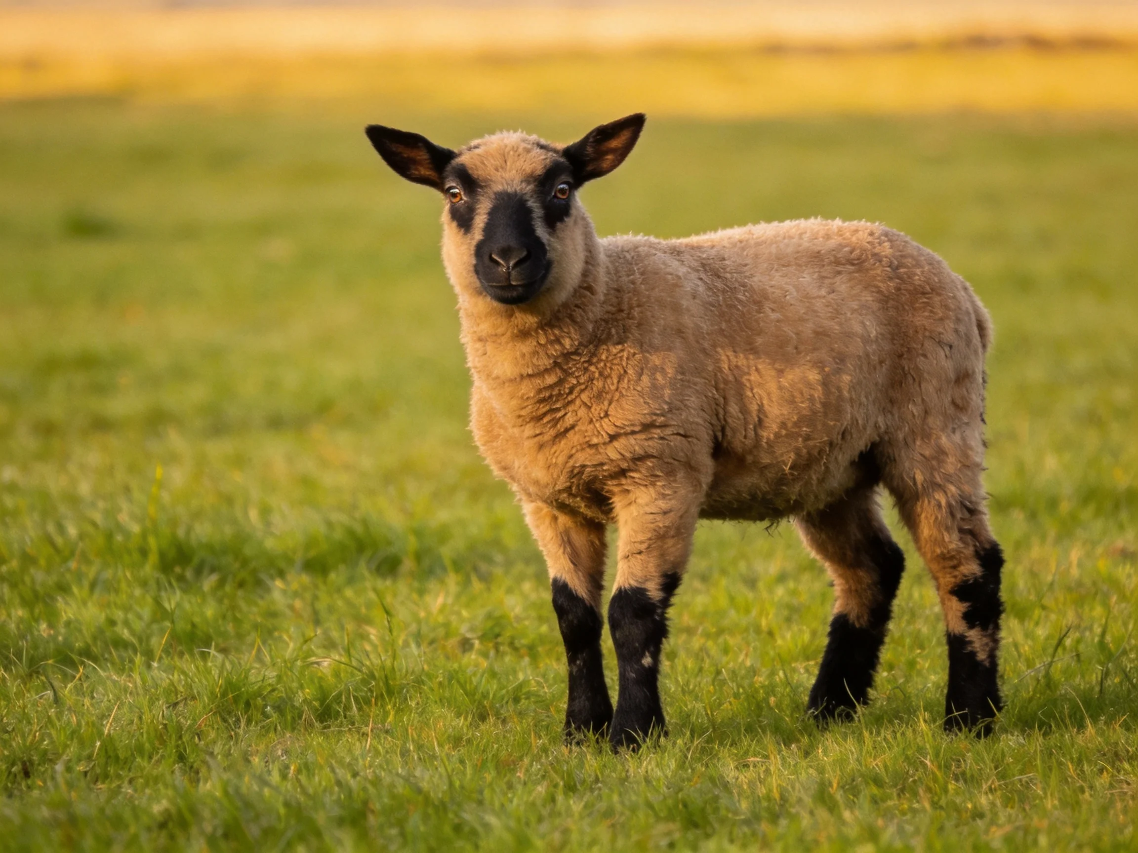 A young sheep with tan and black markings stands in a lush green meadow.