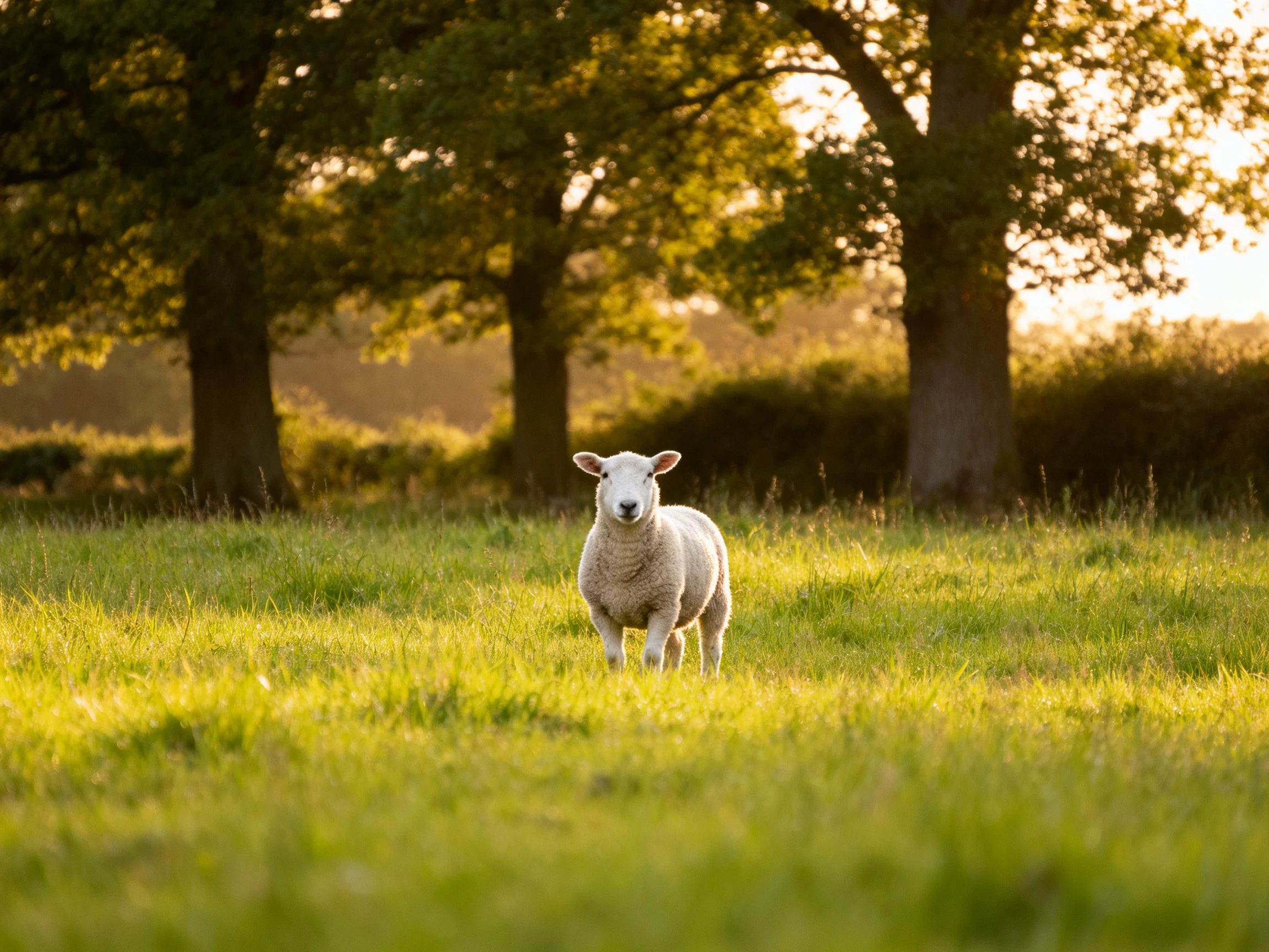 A young sheep stands in a sunlit green meadow near tall trees