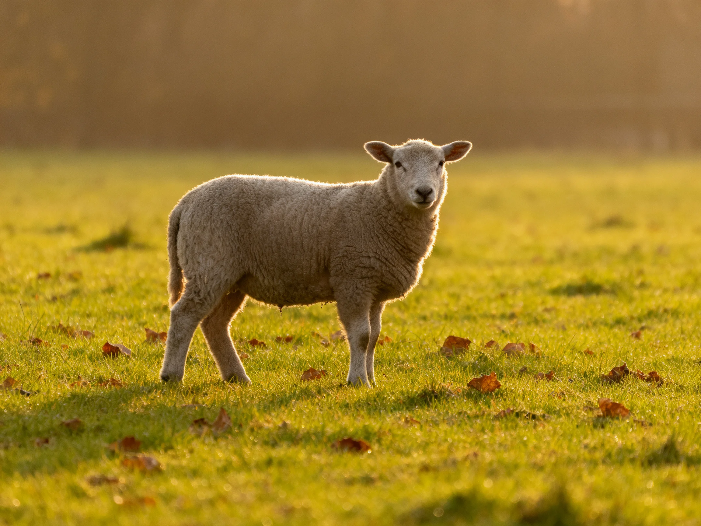 A young sheep stands in a sunlit green meadow with scattered autumn leaves.