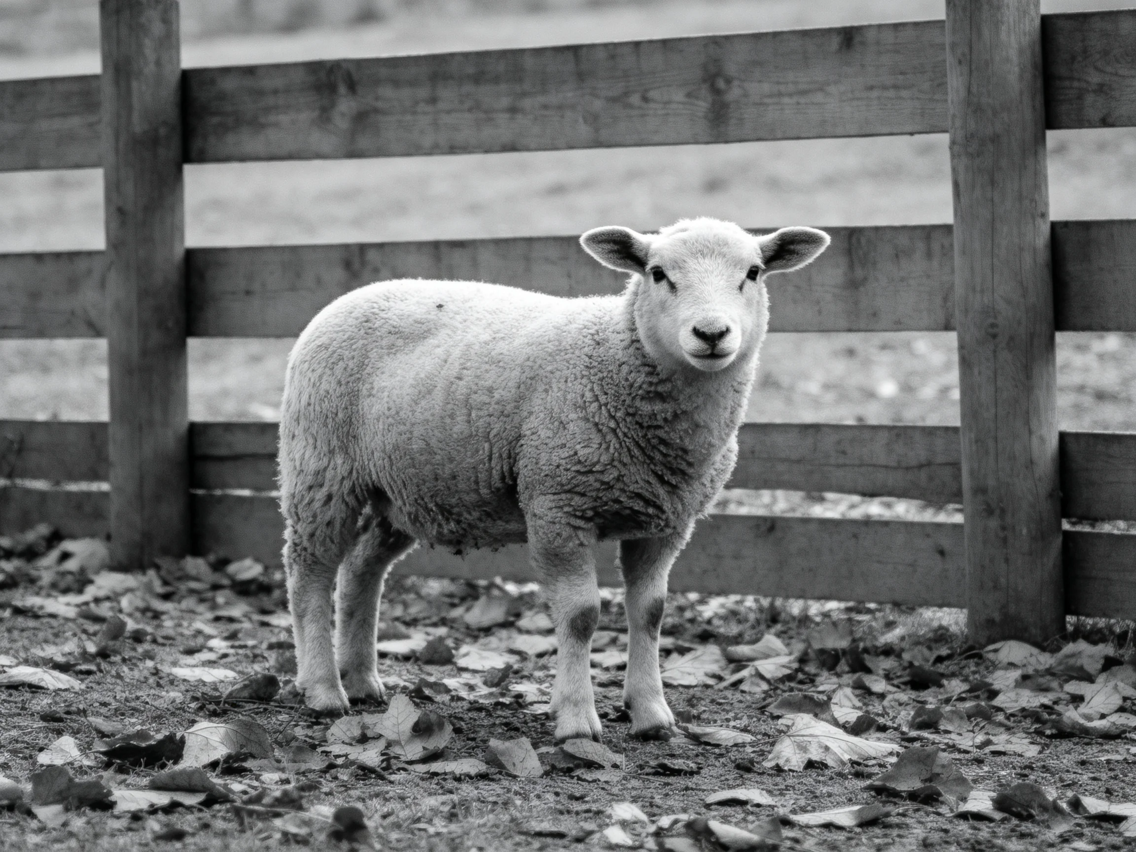 A young sheep stands near a wooden fence in a leafy outdoor setting