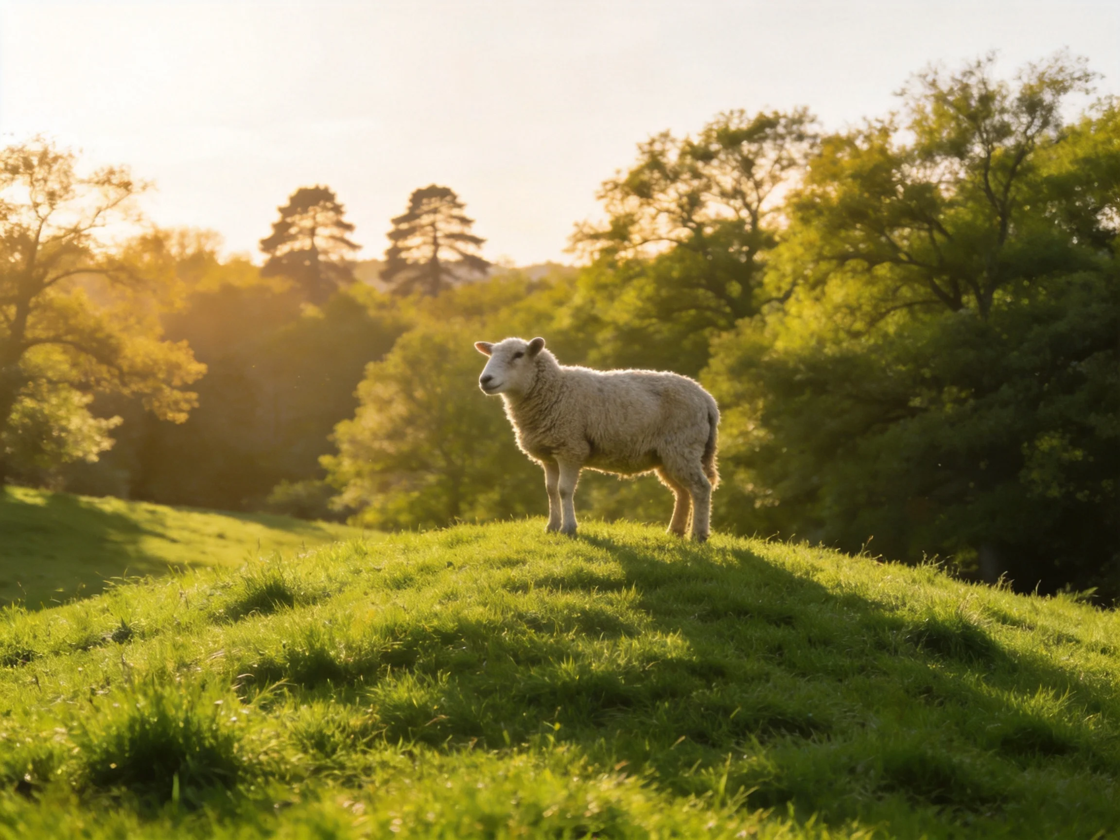 A young sheep stands on a lush green hillside in a sunlit natural setting.