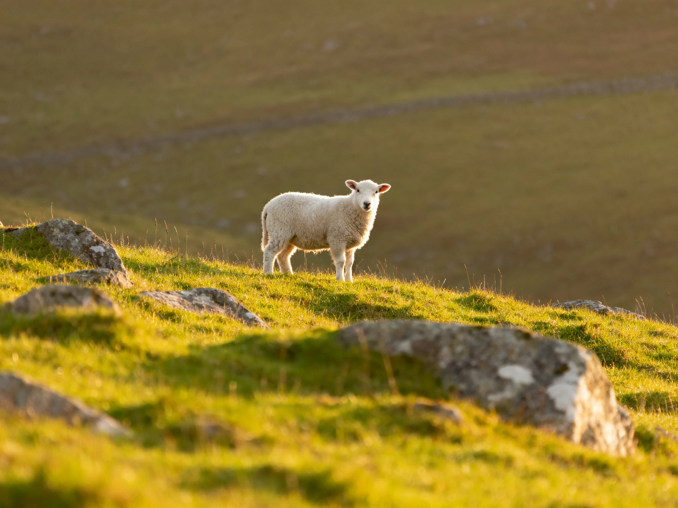 A young sheep stands on a sunlit, rocky green hillside