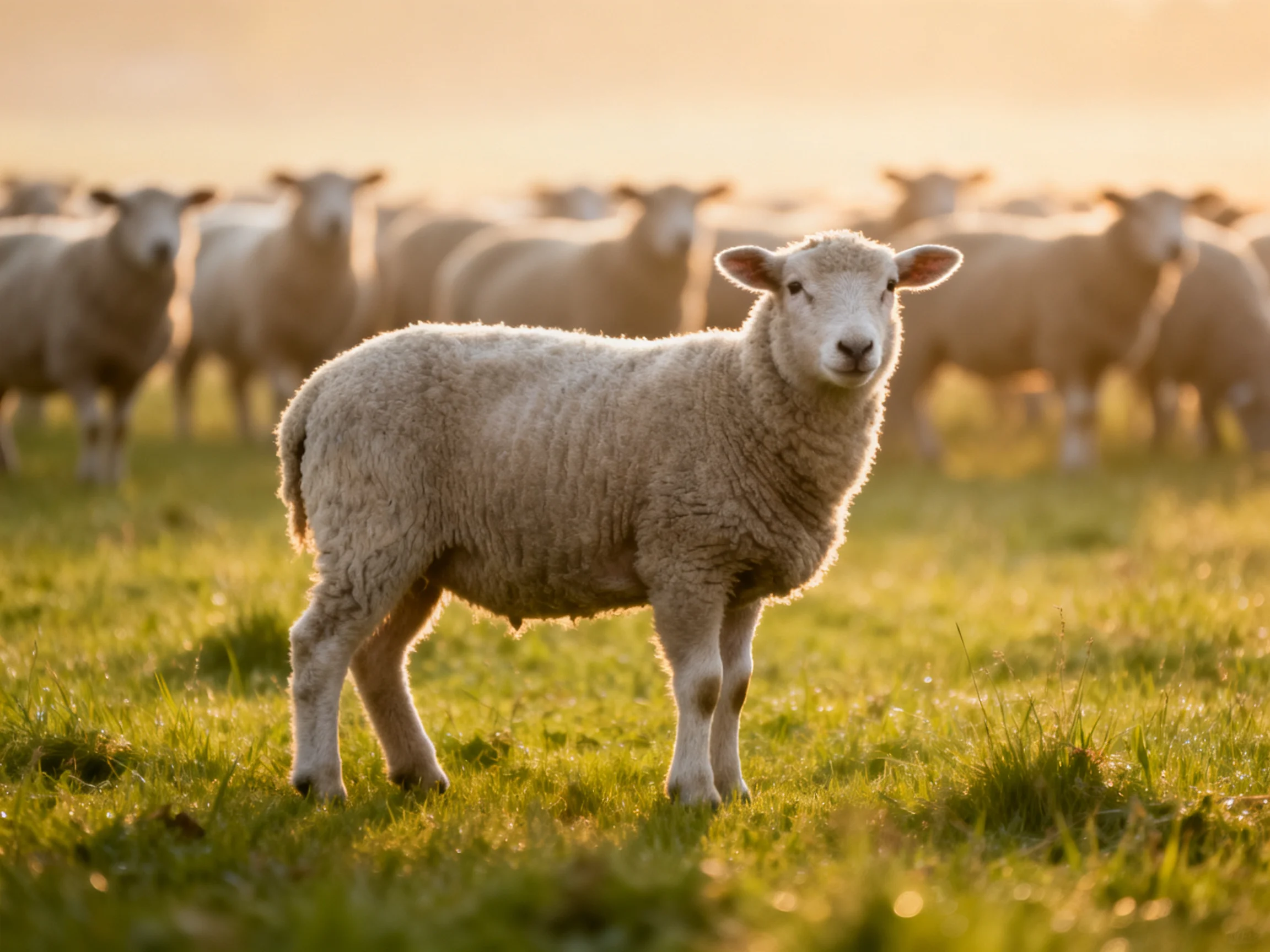 A young sheep stands prominently in a sun-drenched grassy field with a flock behind