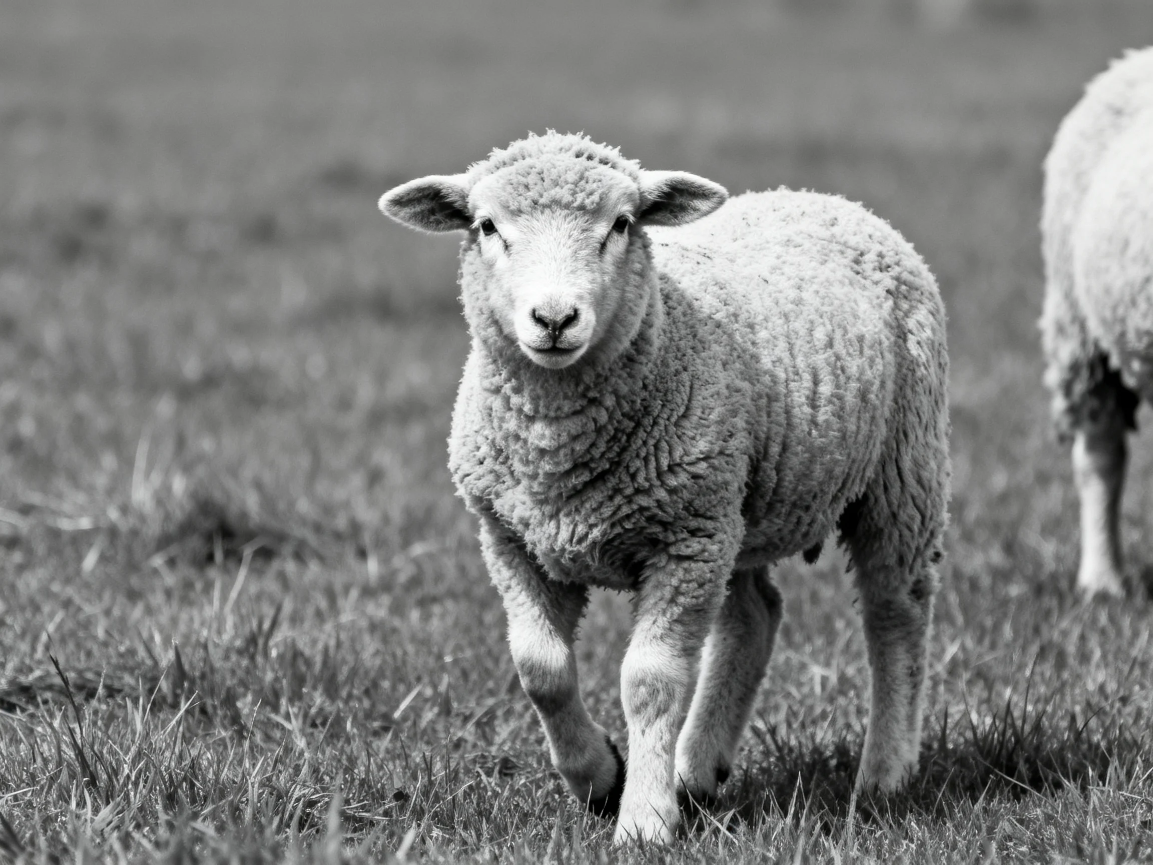 A young sheep walking in a grassy field, black and white photograph