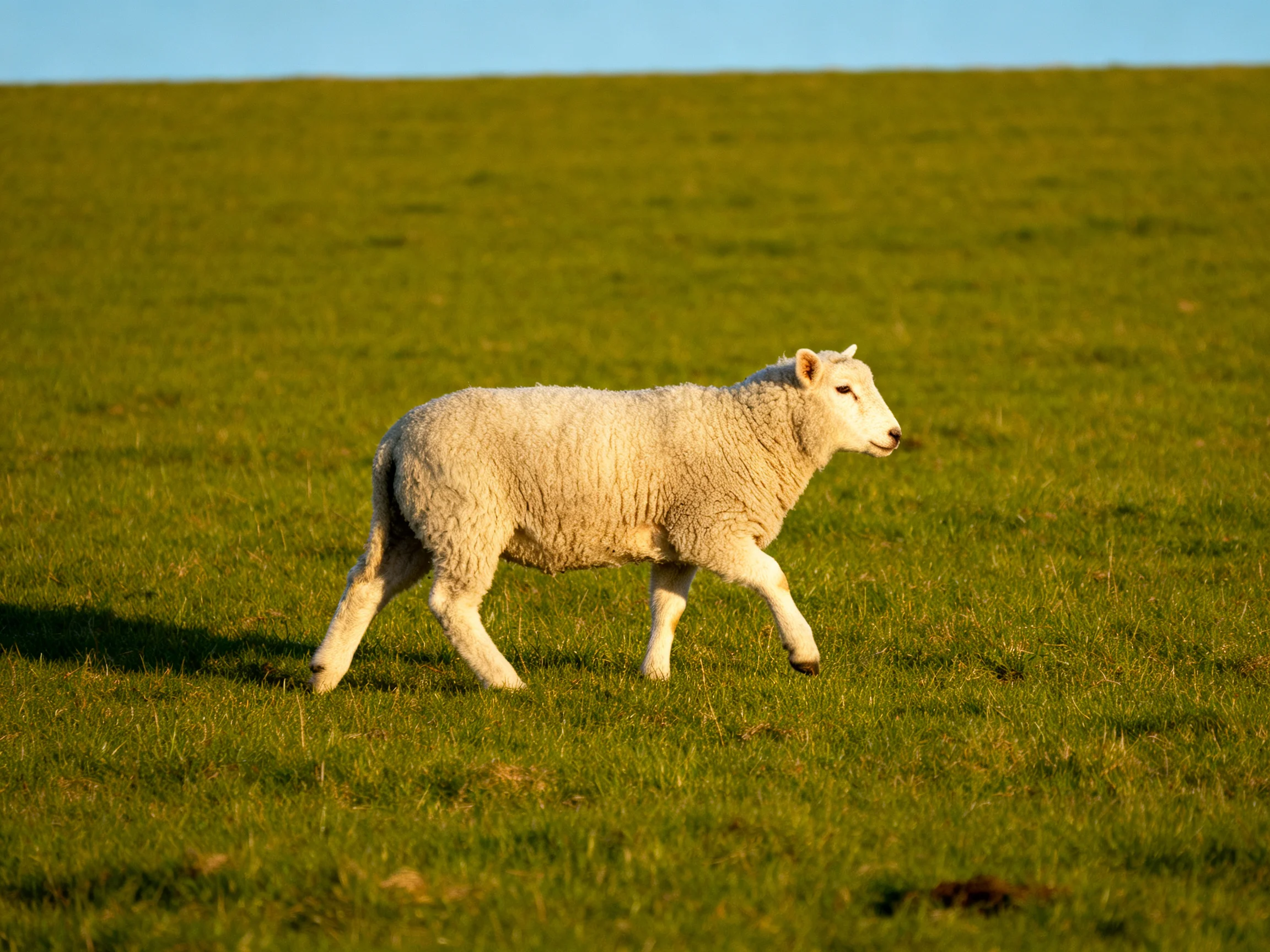 A young sheep walking through a vast green meadow