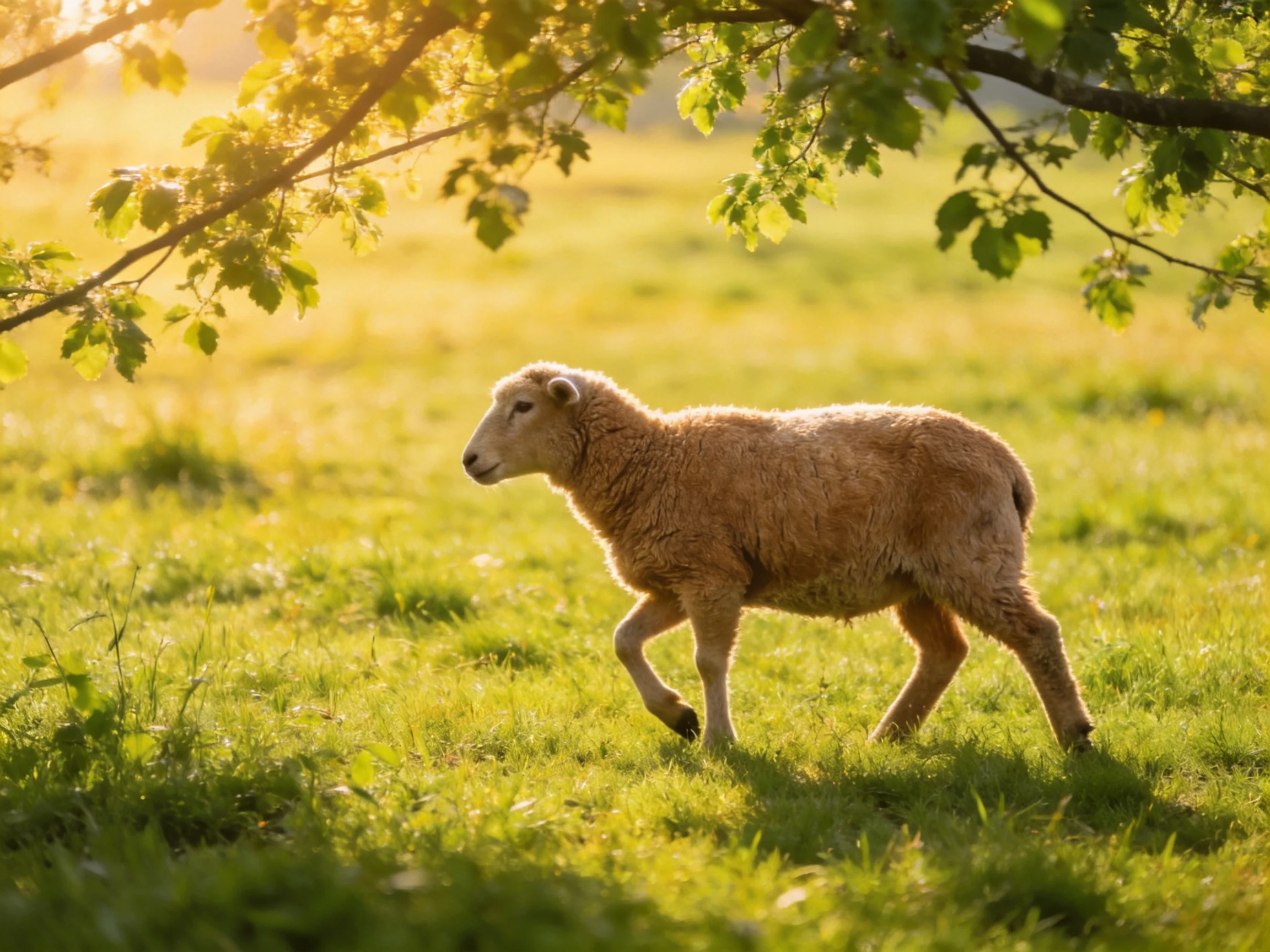 A young sheep walks through a sunlit green meadow near leafy trees