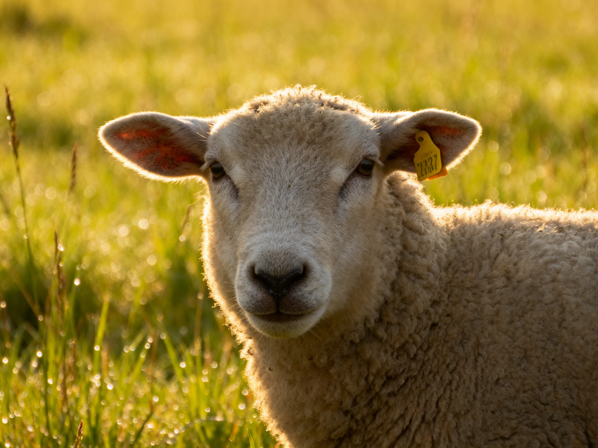 A young sheep with a yellow ear tag in a sun-drenched green pasture