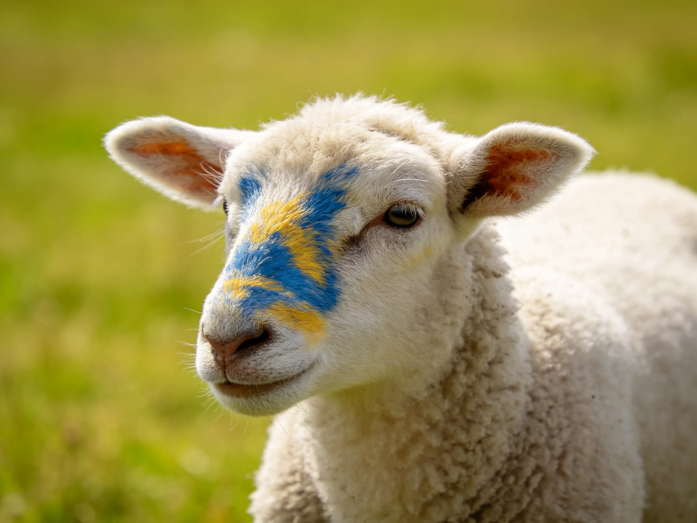 A young sheep with blue and yellow facial markings in a green field