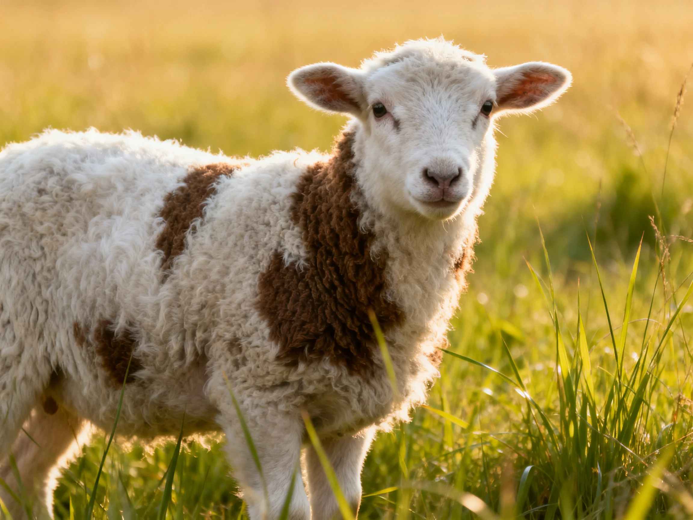 A young sheep with brown patches in a sunlit meadow