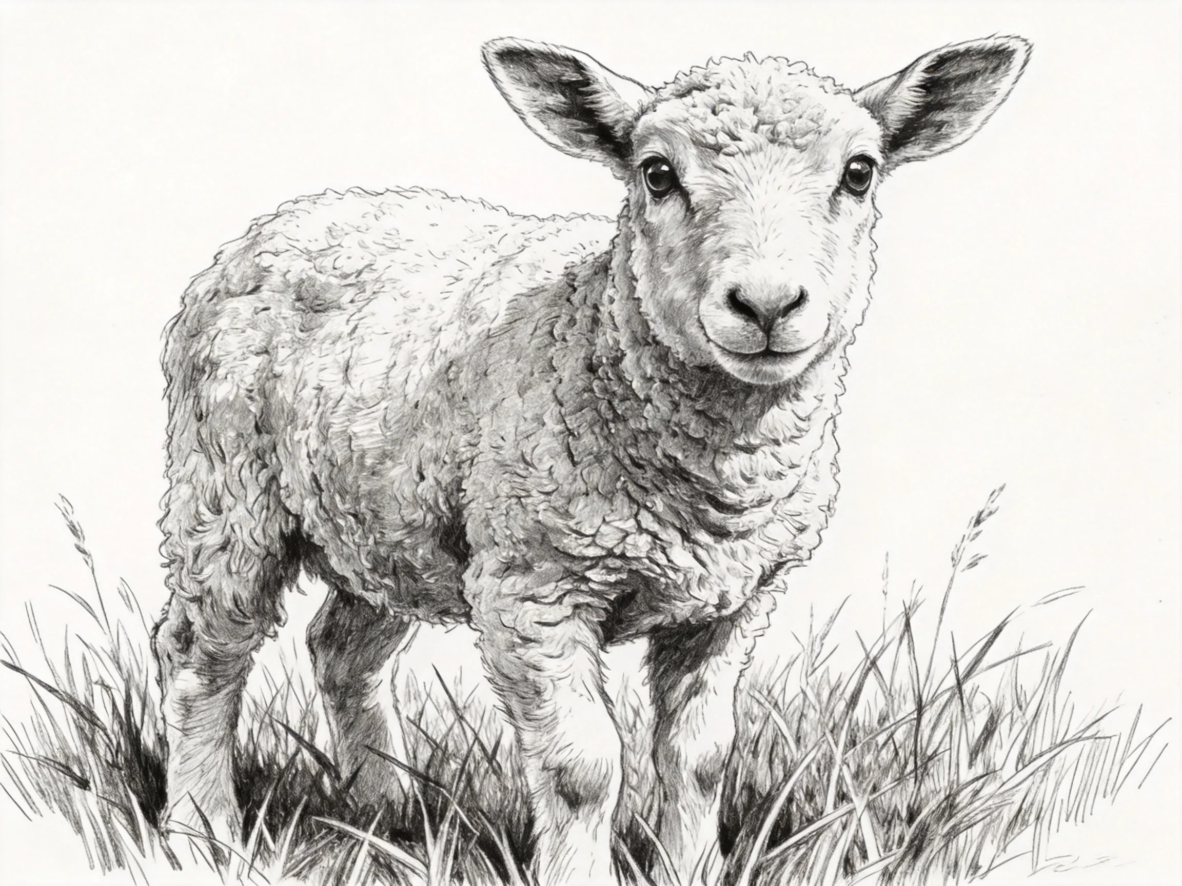 A young sheep with curly wool standing among tall grass