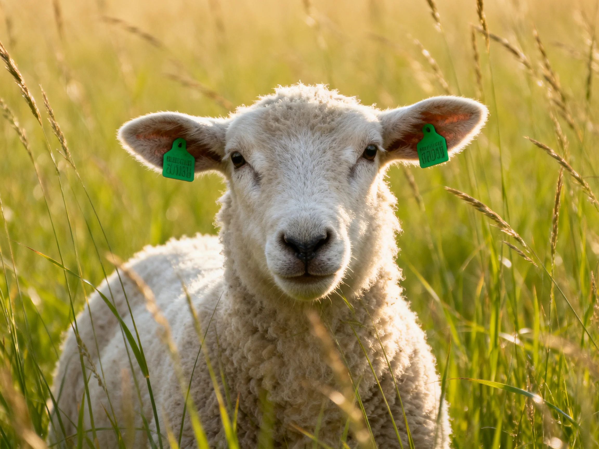 A young sheep with green ear tags resting in golden grass