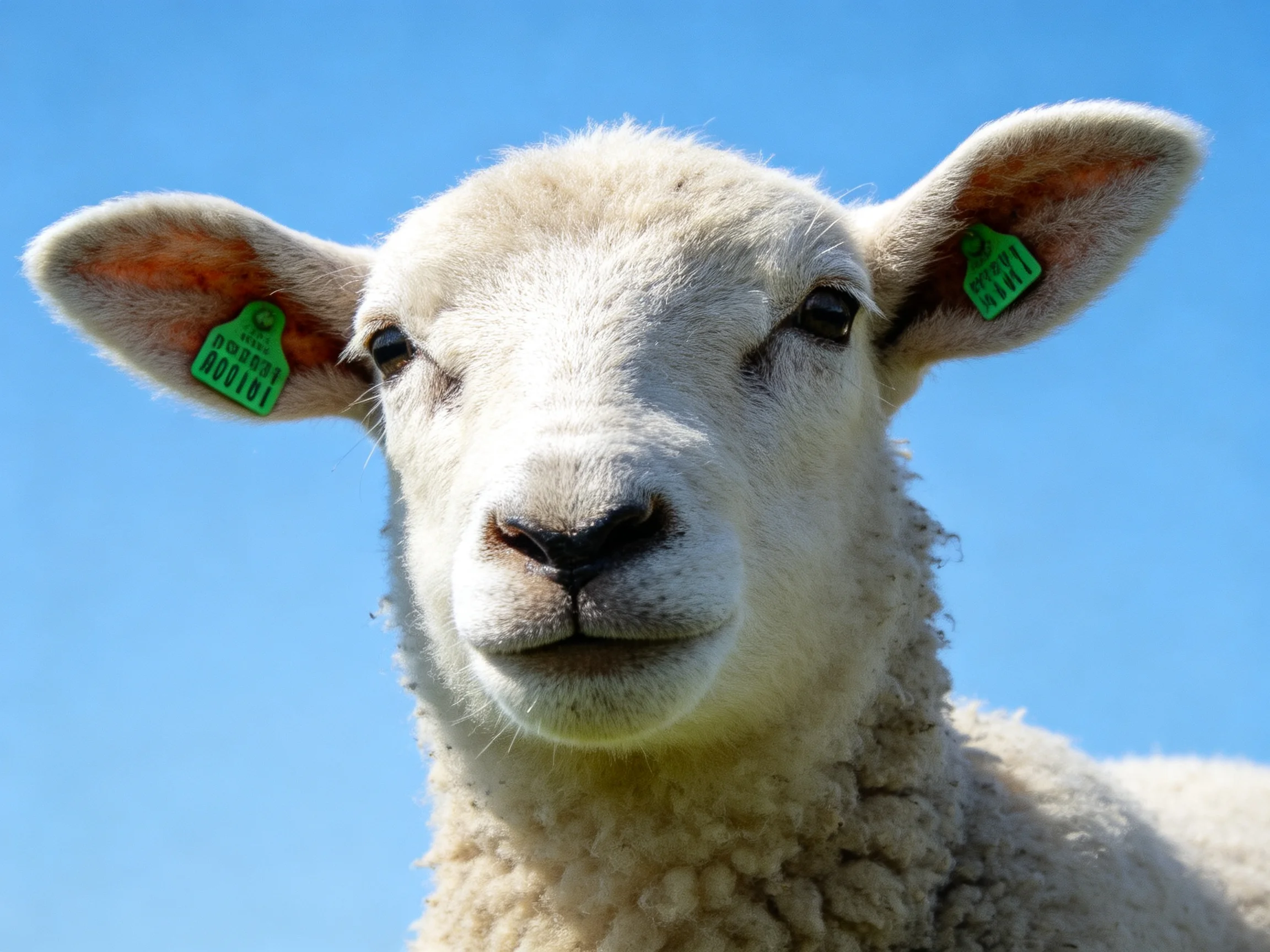 A young sheep with green ear tags standing under a clear blue sky