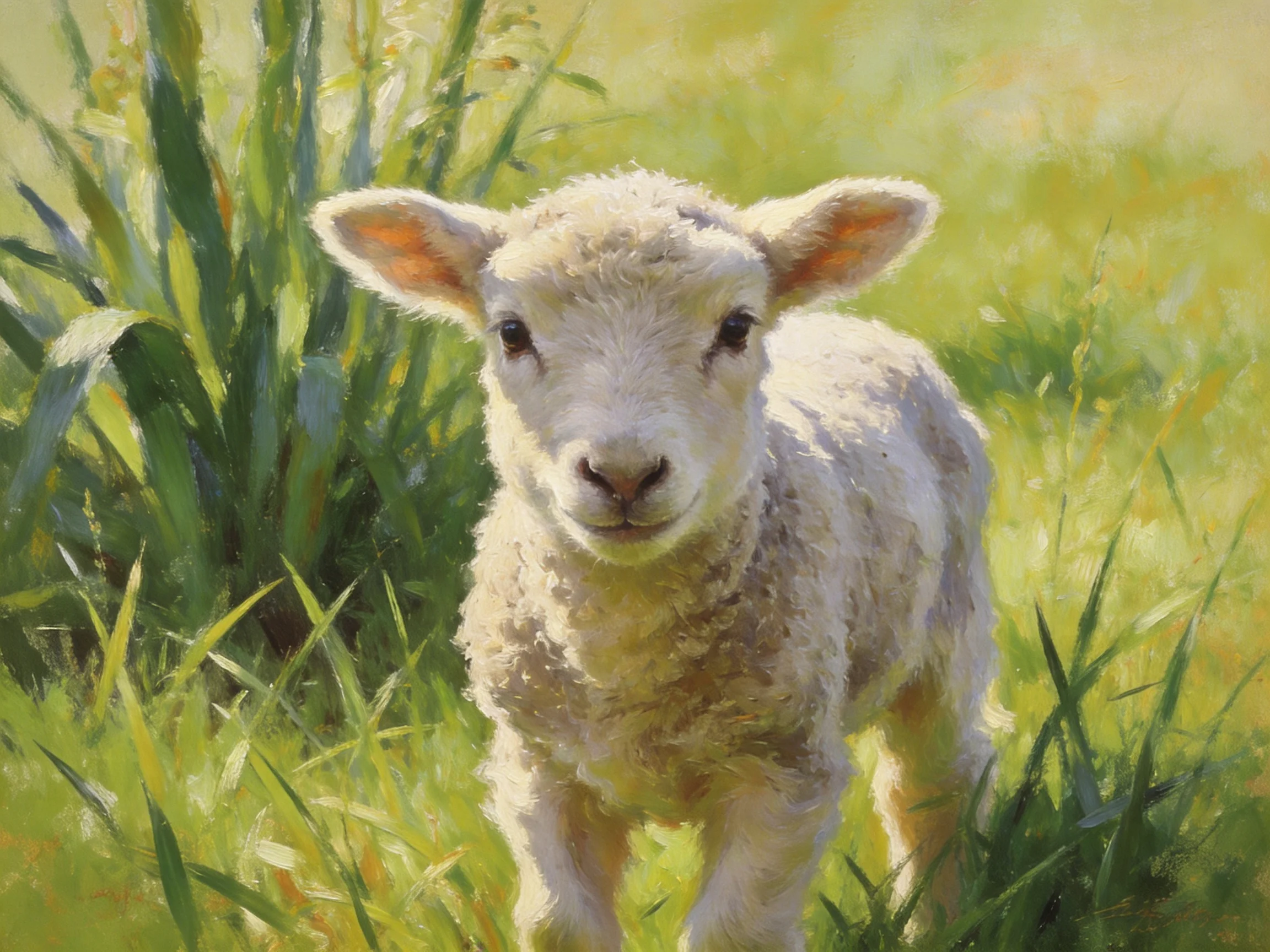 A young sheep with soft wool in a verdant meadow