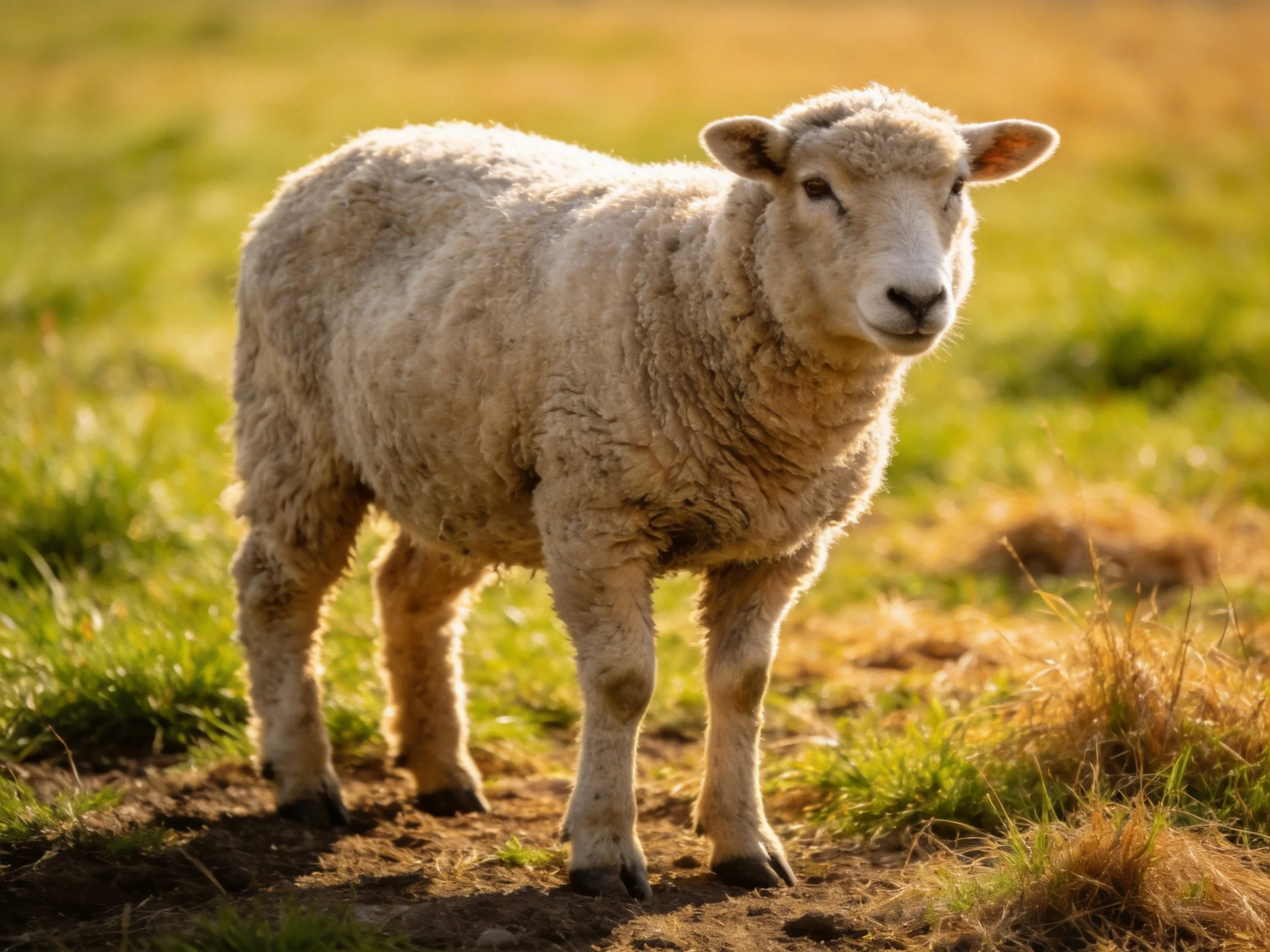 A young sheep with thick wool stands in a sunlit green field