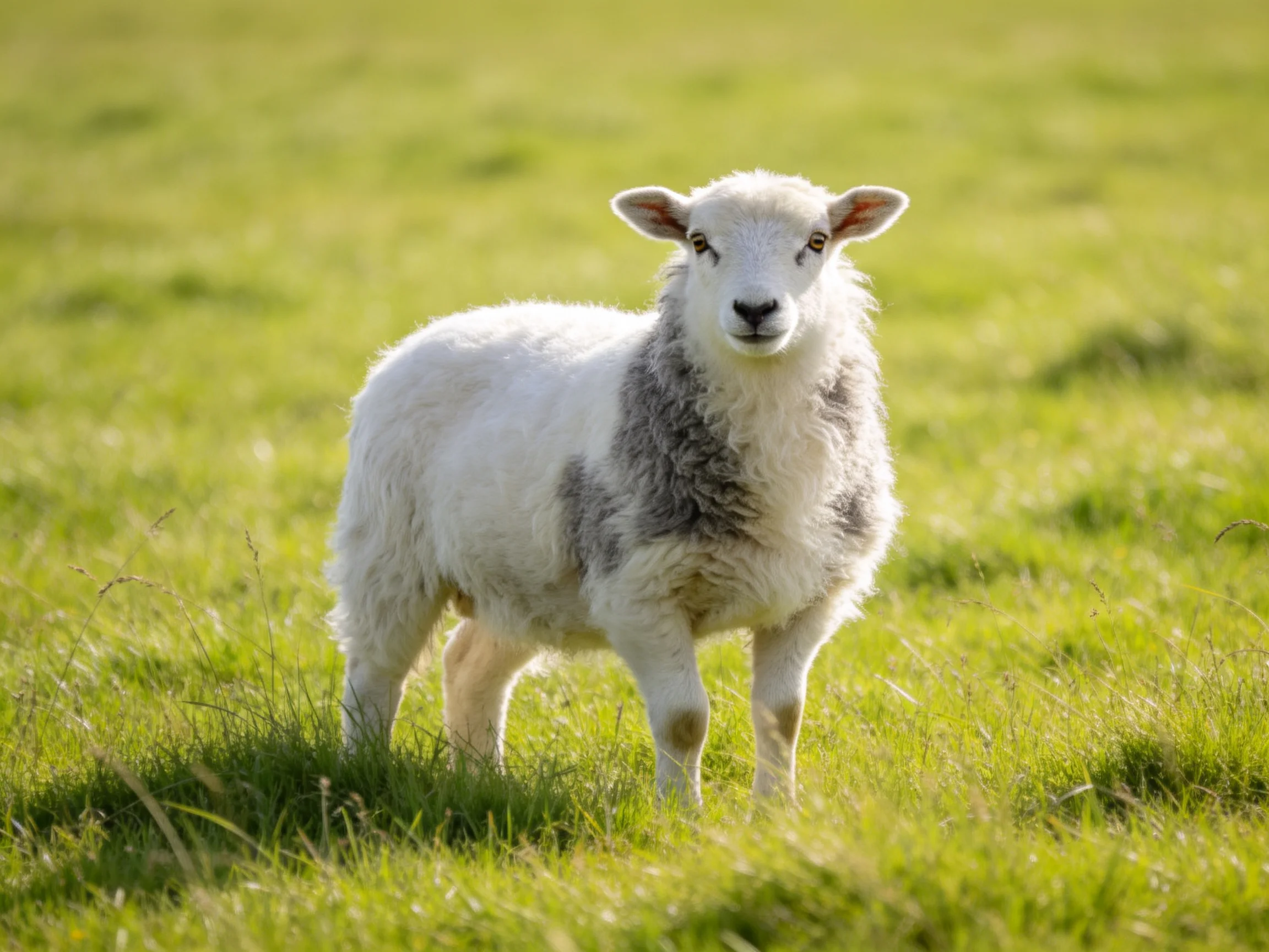A young sheep with white and gray wool stands in a lush green meadow