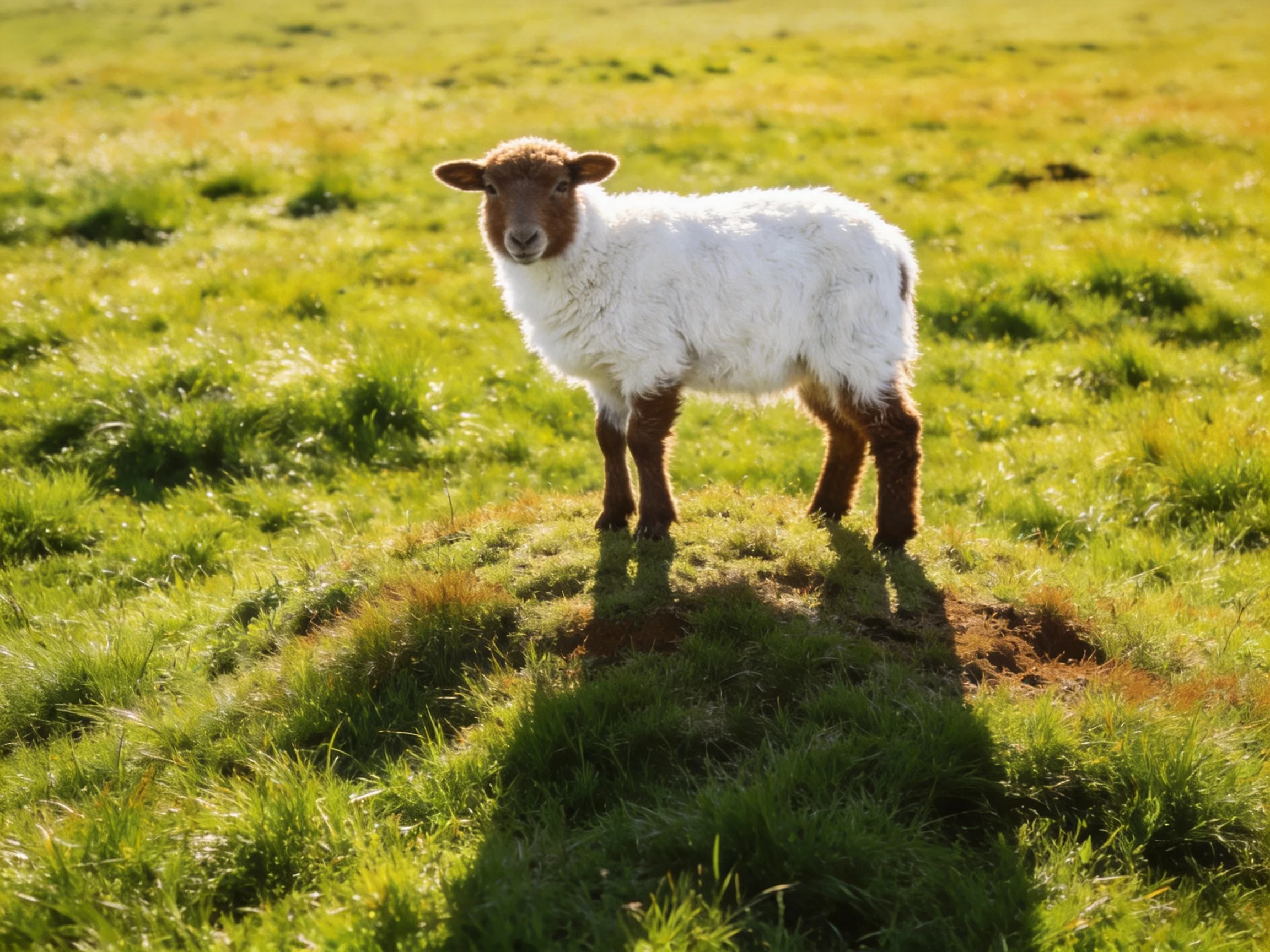 A young sheep with white wool and brown limbs on a sunlit grassy field