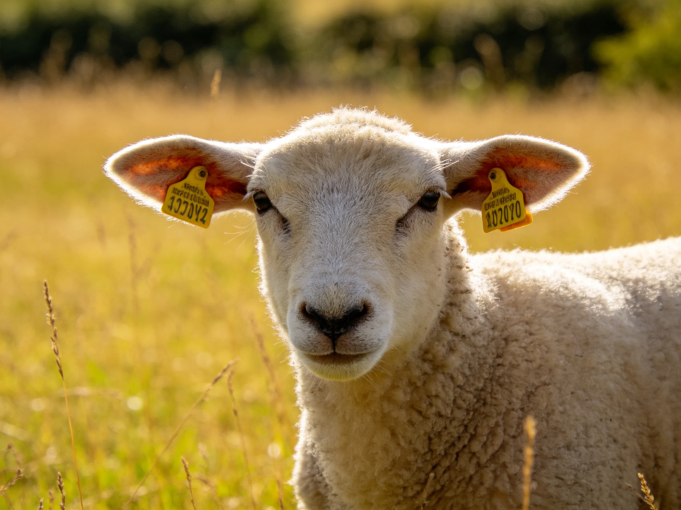 A young sheep with white wool and yellow ear tags in a golden field