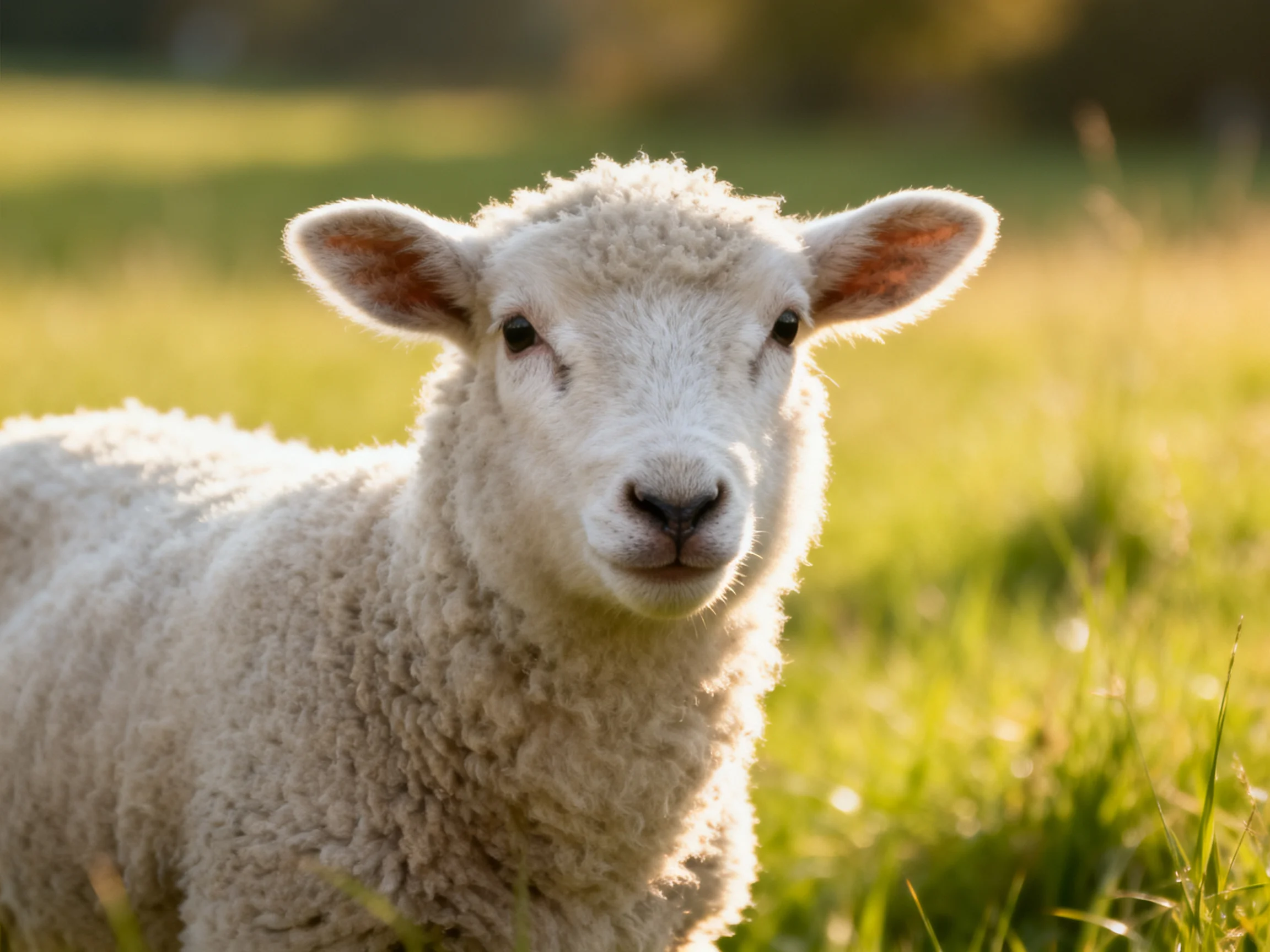 A young sheep with white wool in a sunlit grassy field