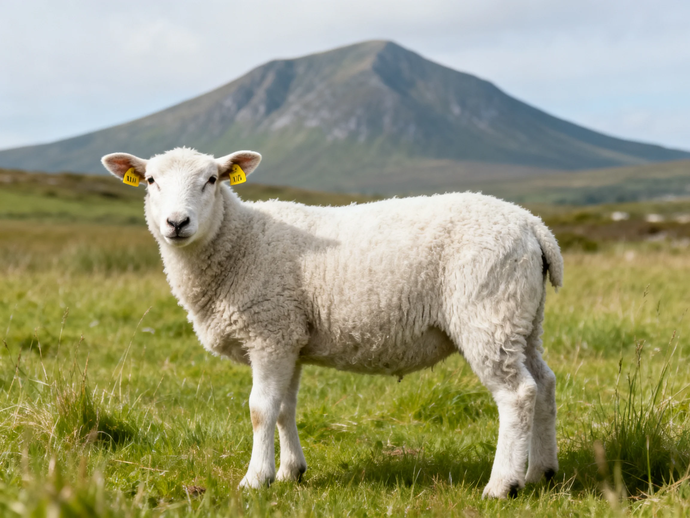A young sheep with white wool stands in a green meadow near a large mountain