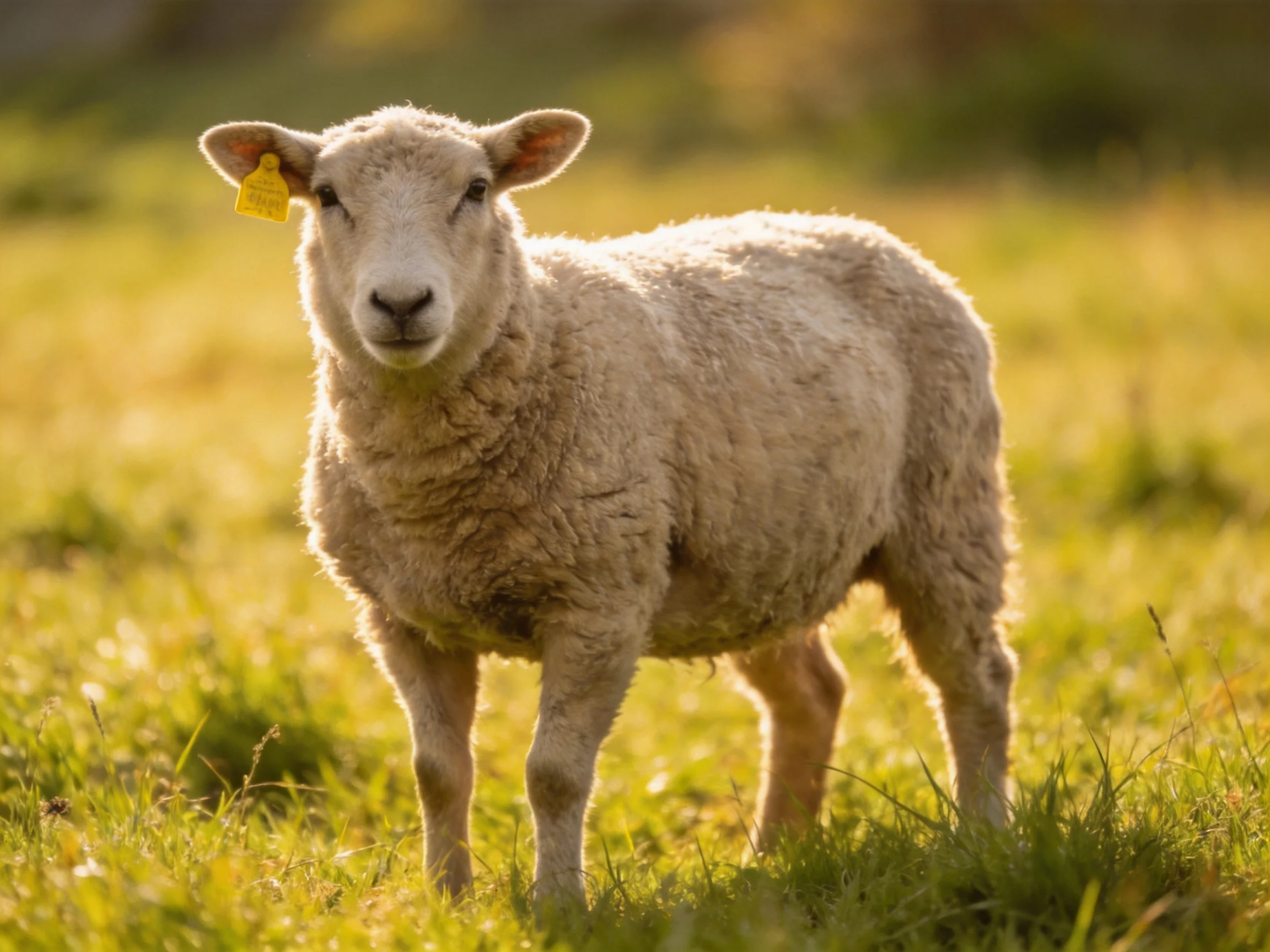 A young sheep with white wool stands in a sunlit green meadow