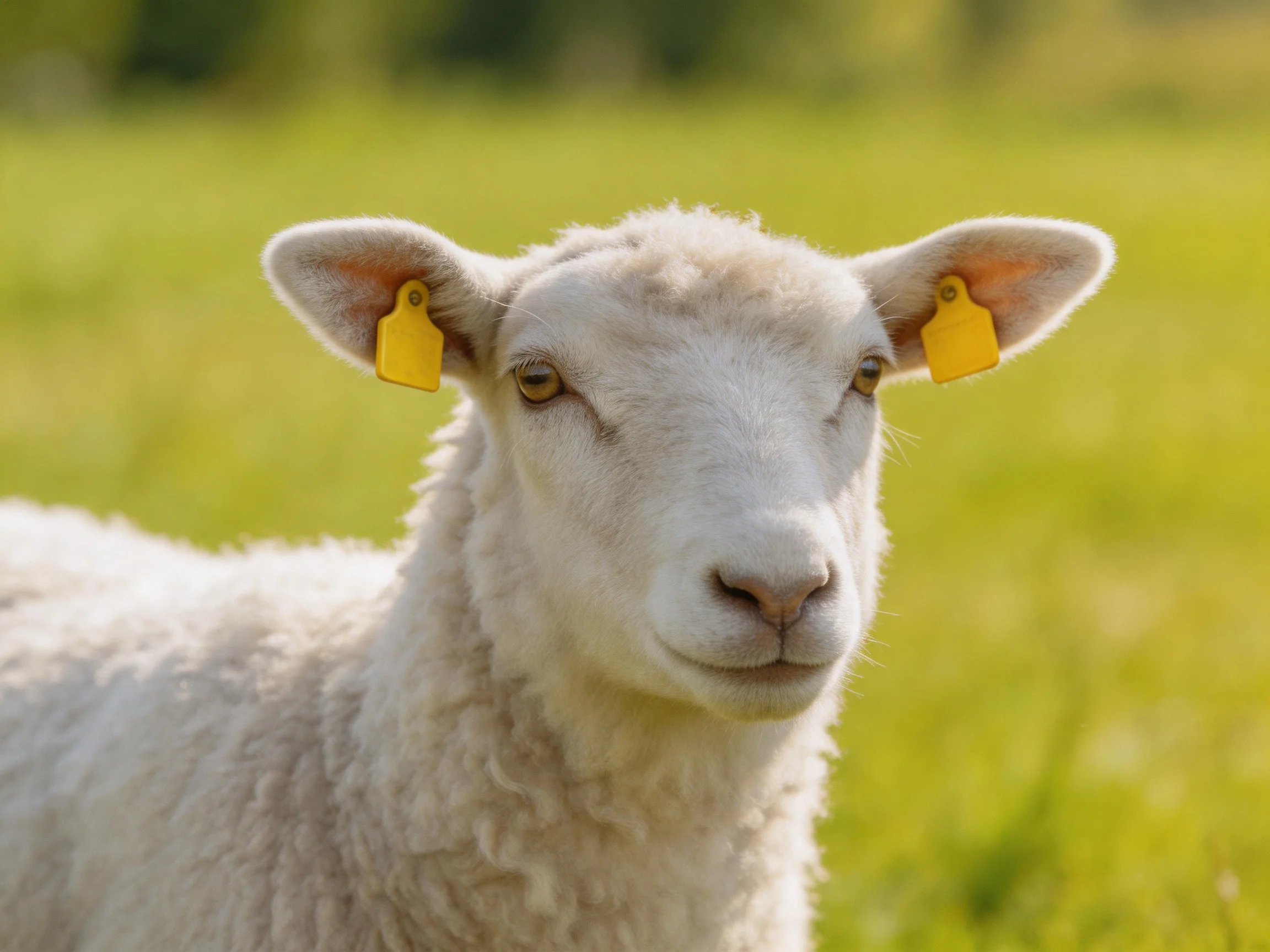 A young sheep with yellow ear tags stands in a bright green meadow