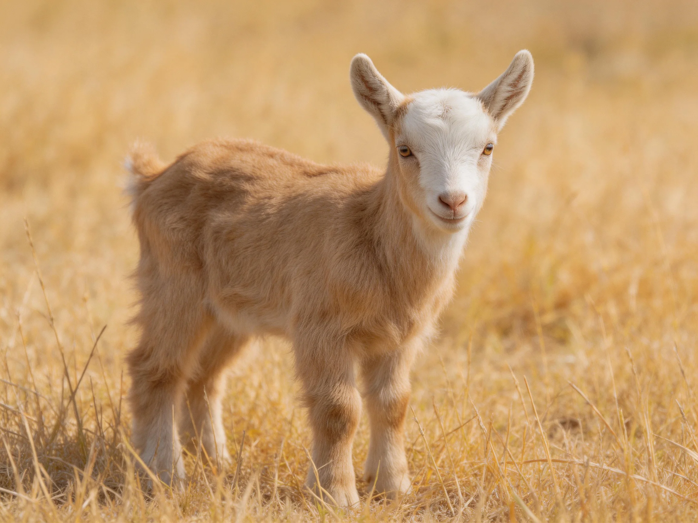 A young tan and white goat stands in golden dry grass