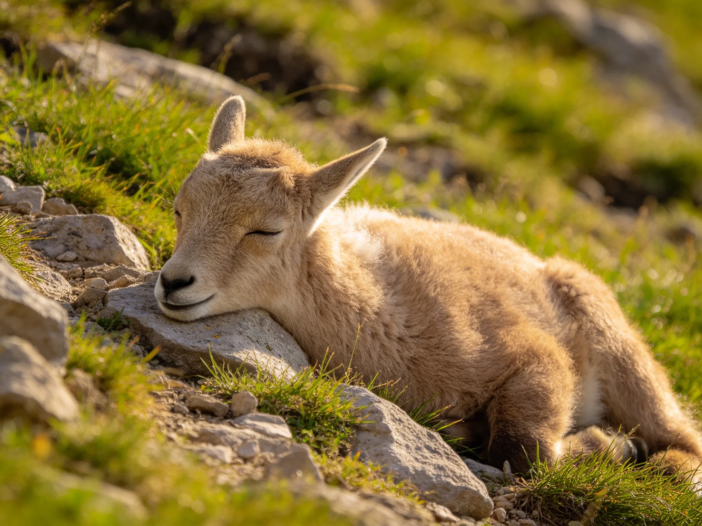 A young tan goat napping on rocky terrain with lush green grass