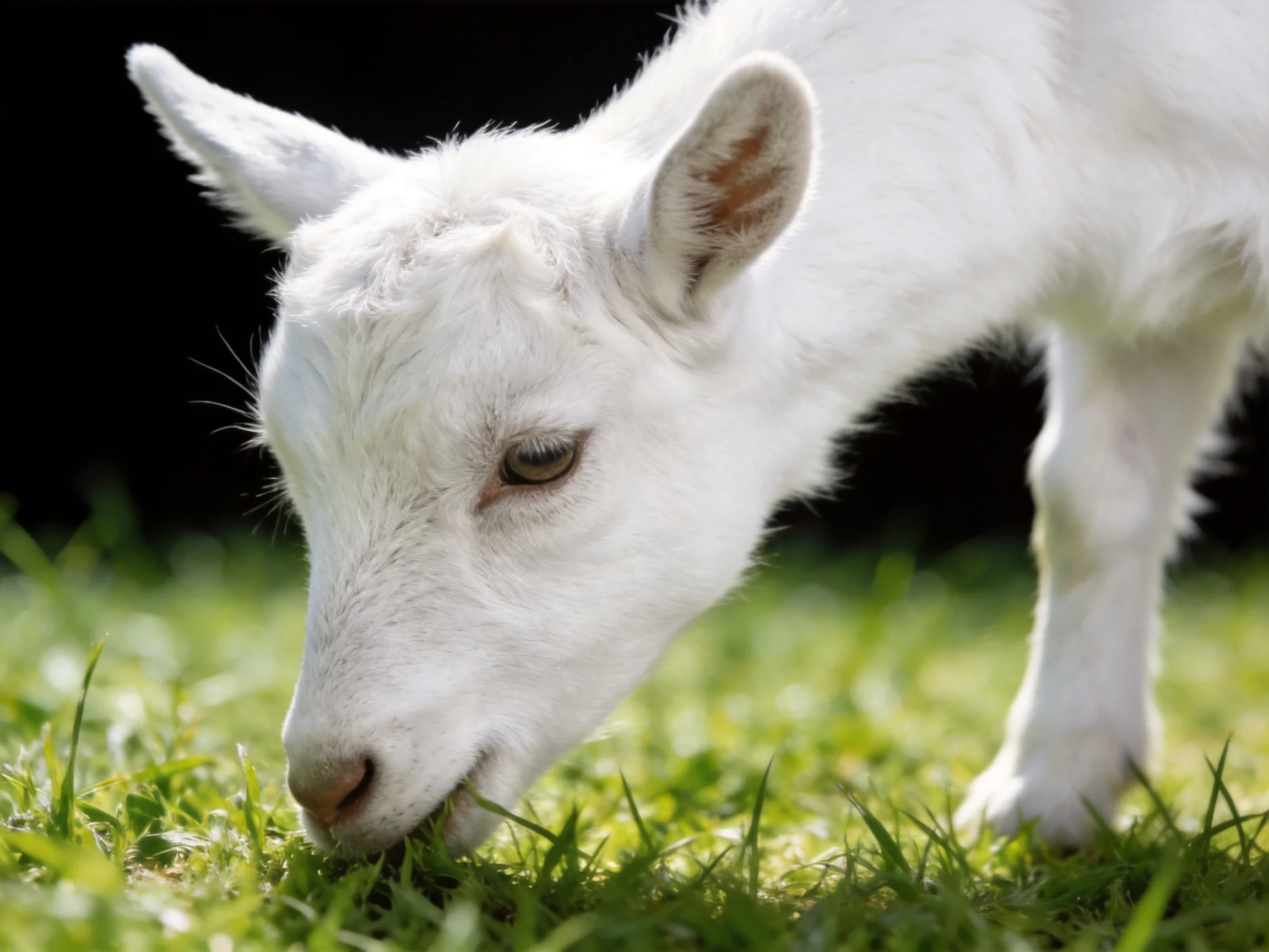 A young white goat grazing on lush green grass