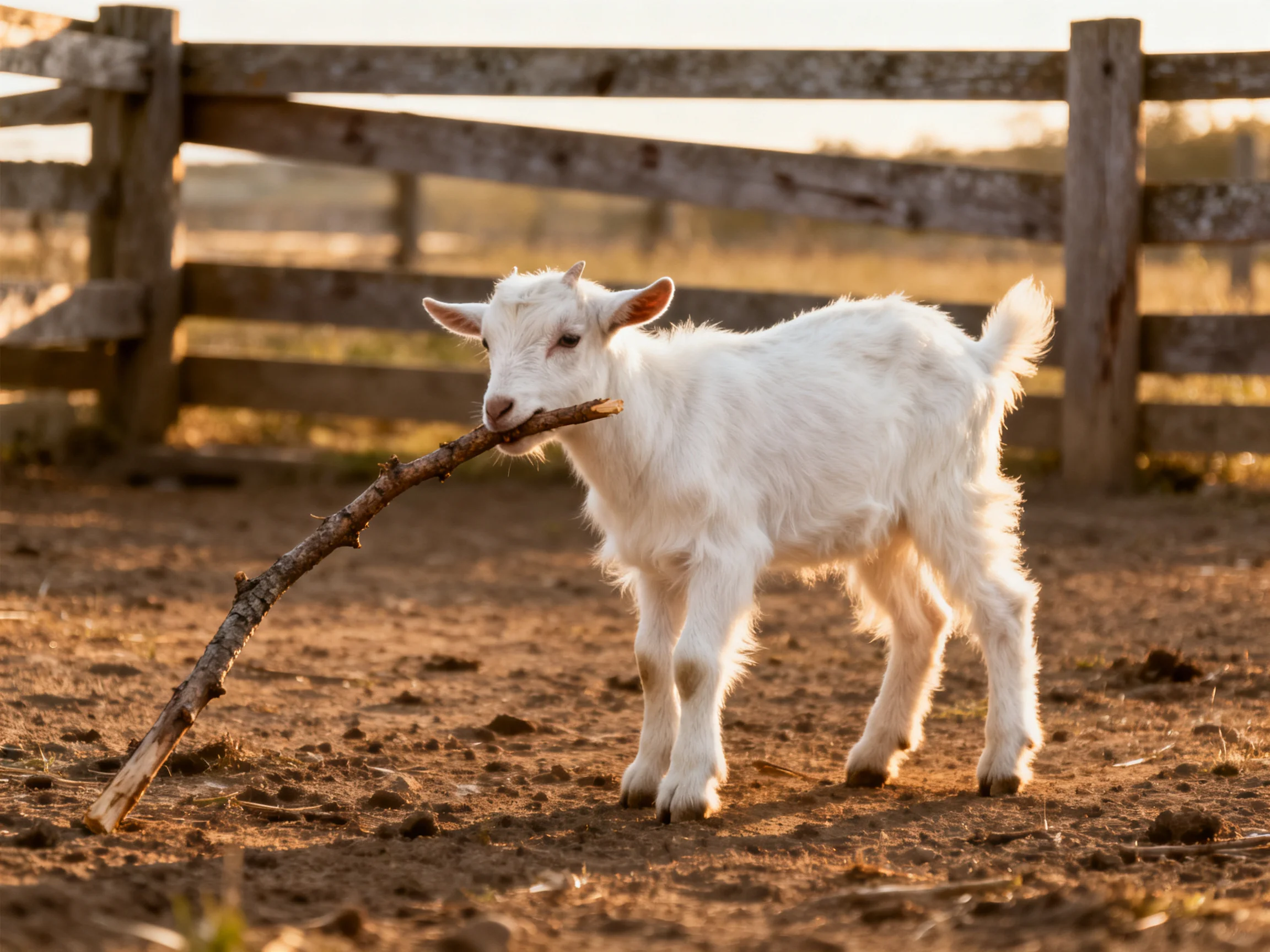 A young white goat plays with a long branch near a wooden fence