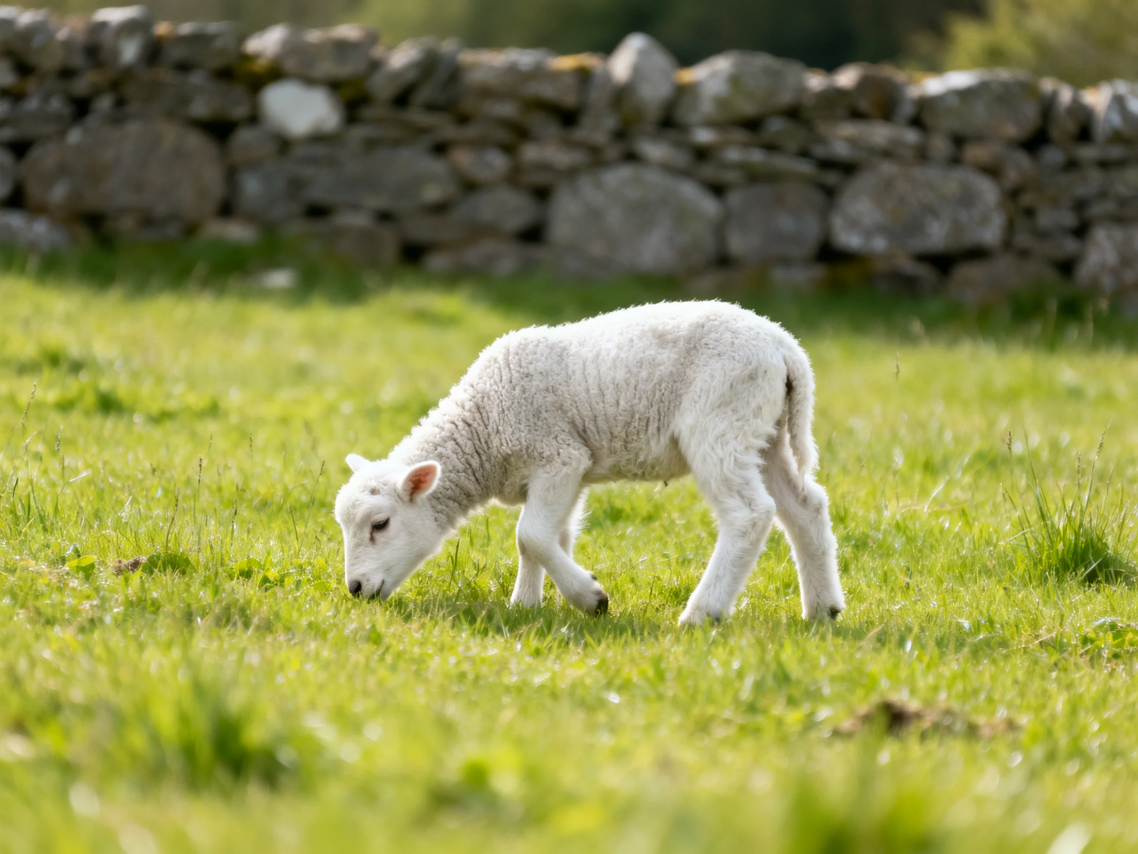 A young white lamb grazes in a lush green meadow near a stone wall