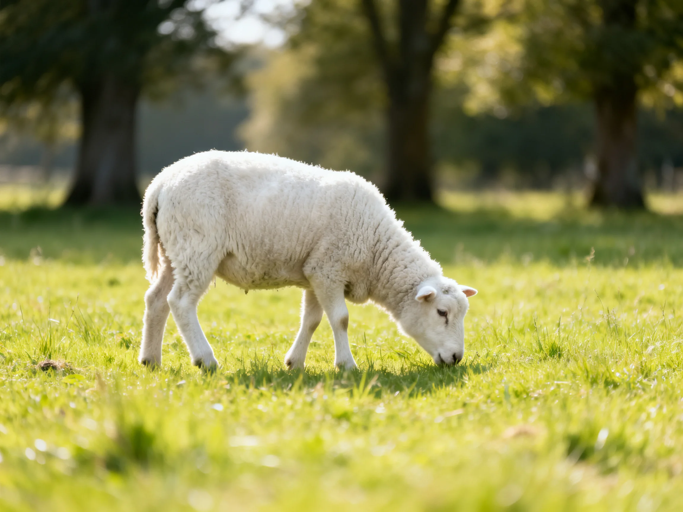 A young white lamb feeds on grass in a sunlit meadow surrounded by trees.