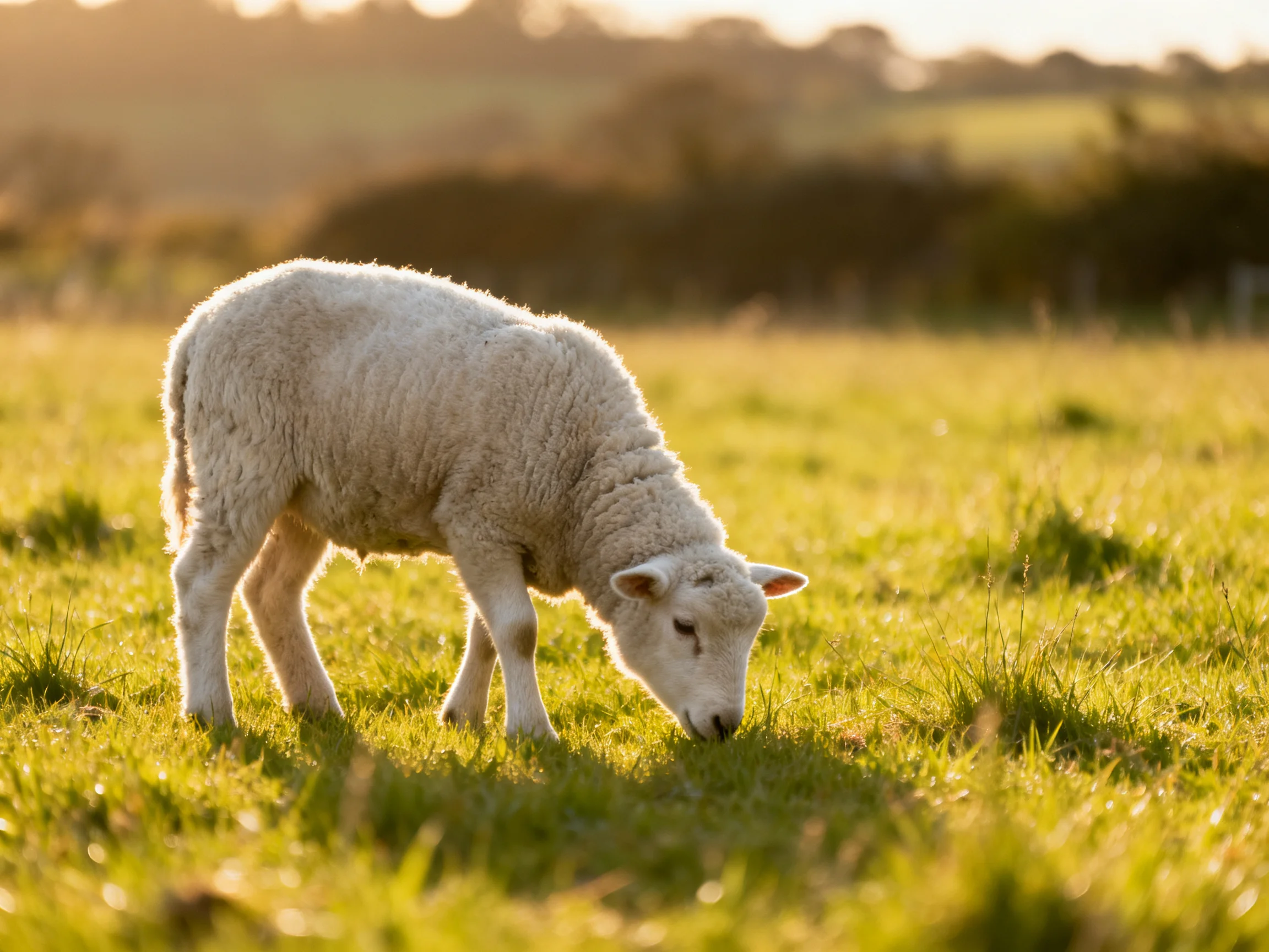 A young sheep grazes in a sunlit meadow.