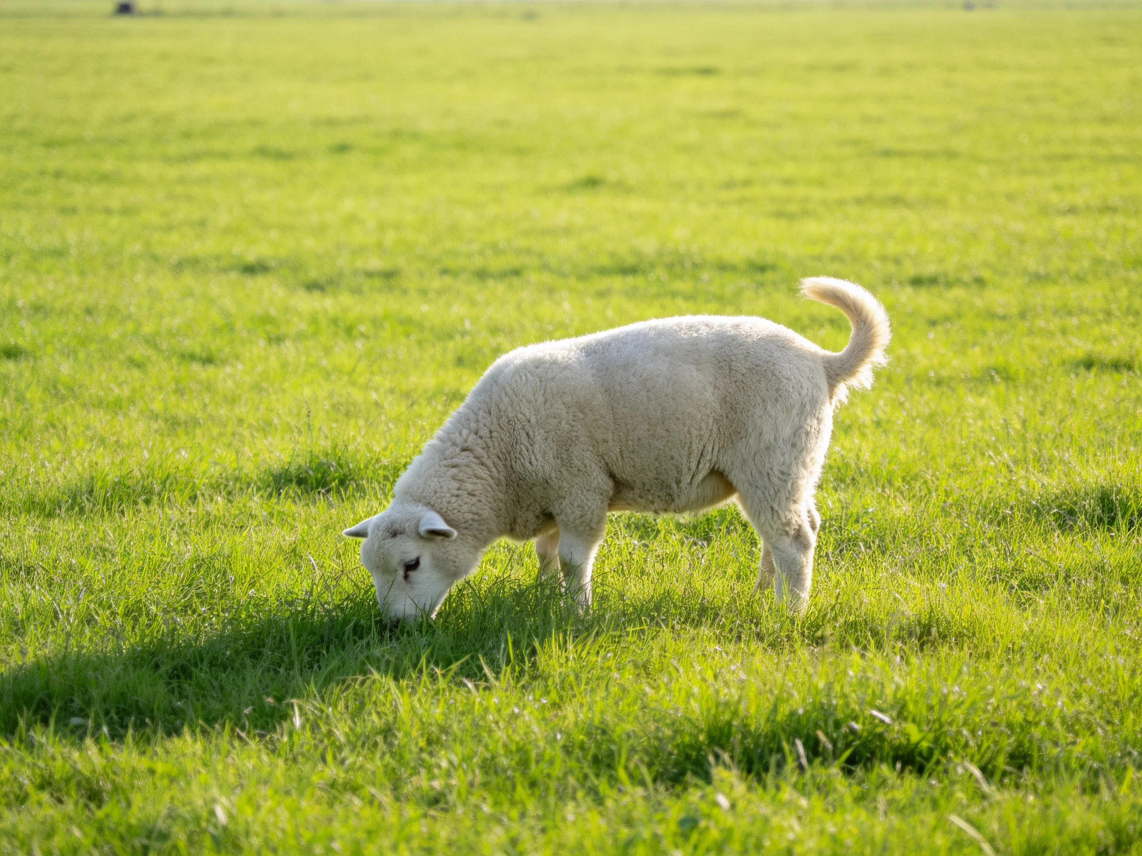 A young white lamb grazes in a sunlit green pasture.