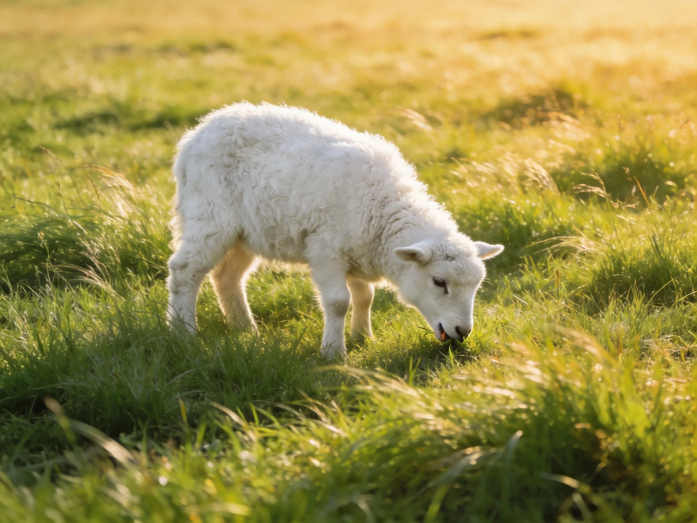 A young white lamb grazing in a sun-drenched green meadow