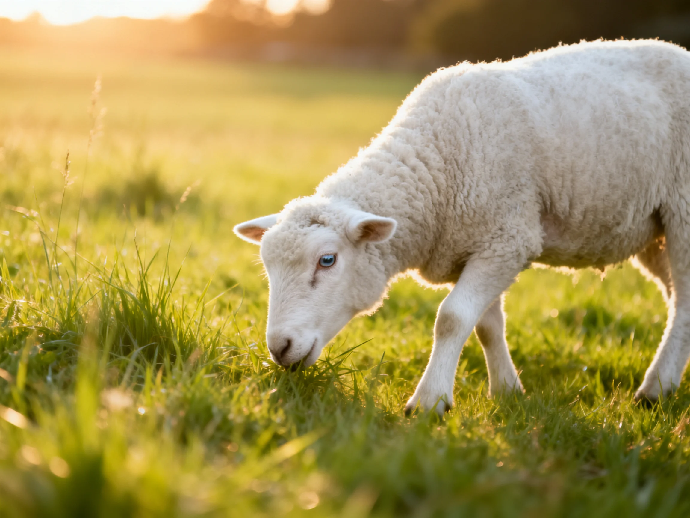 A young white lamb grazing in a sunlit green meadow