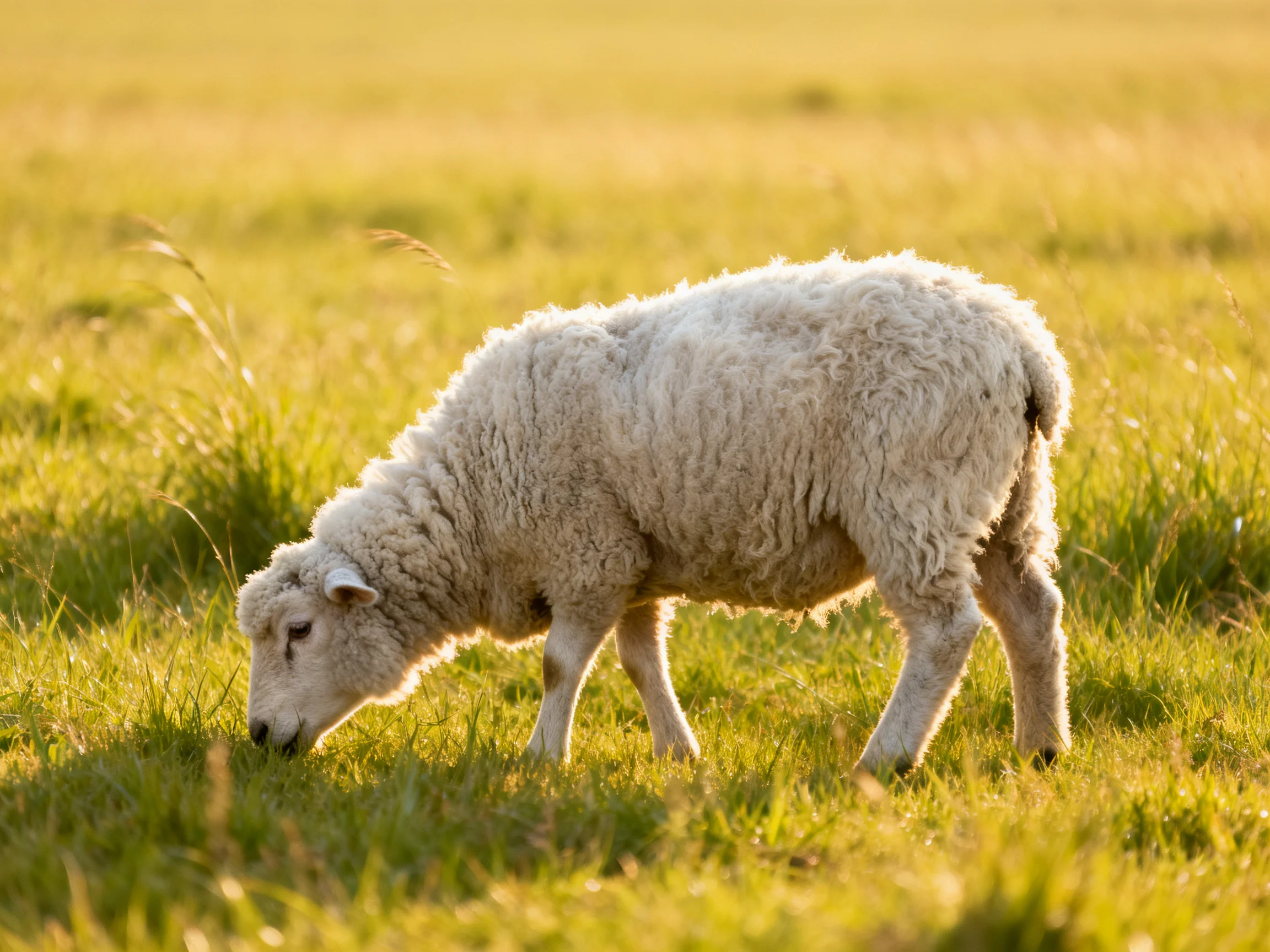 A young white lamb grazing in a sunlit green meadow