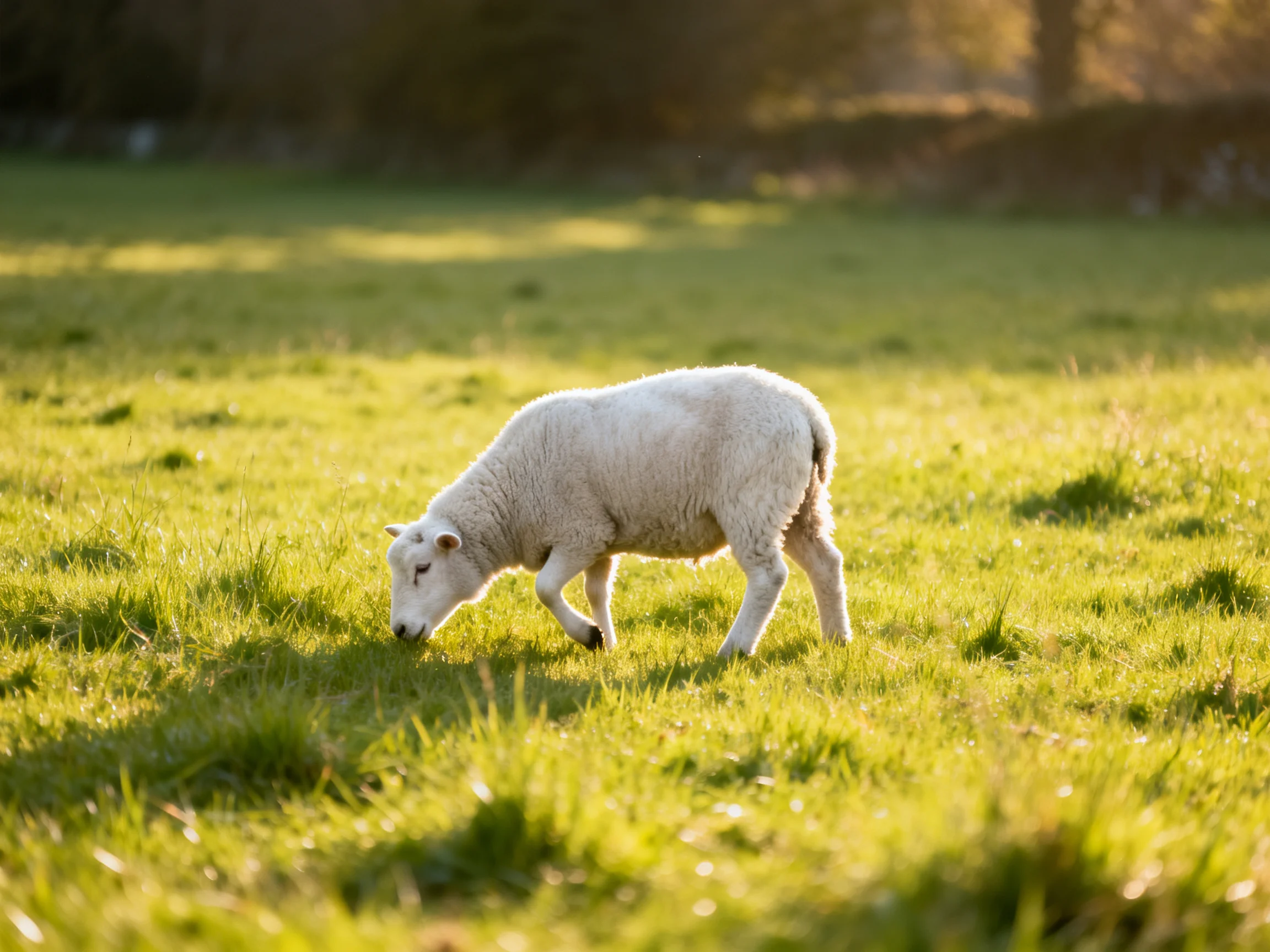 A young white lamb grazing in a sunlit green pasture