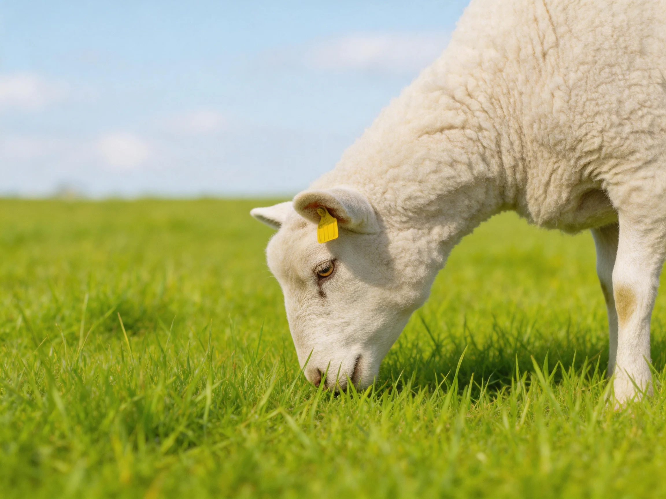 A young white lamb grazing in lush green pasture