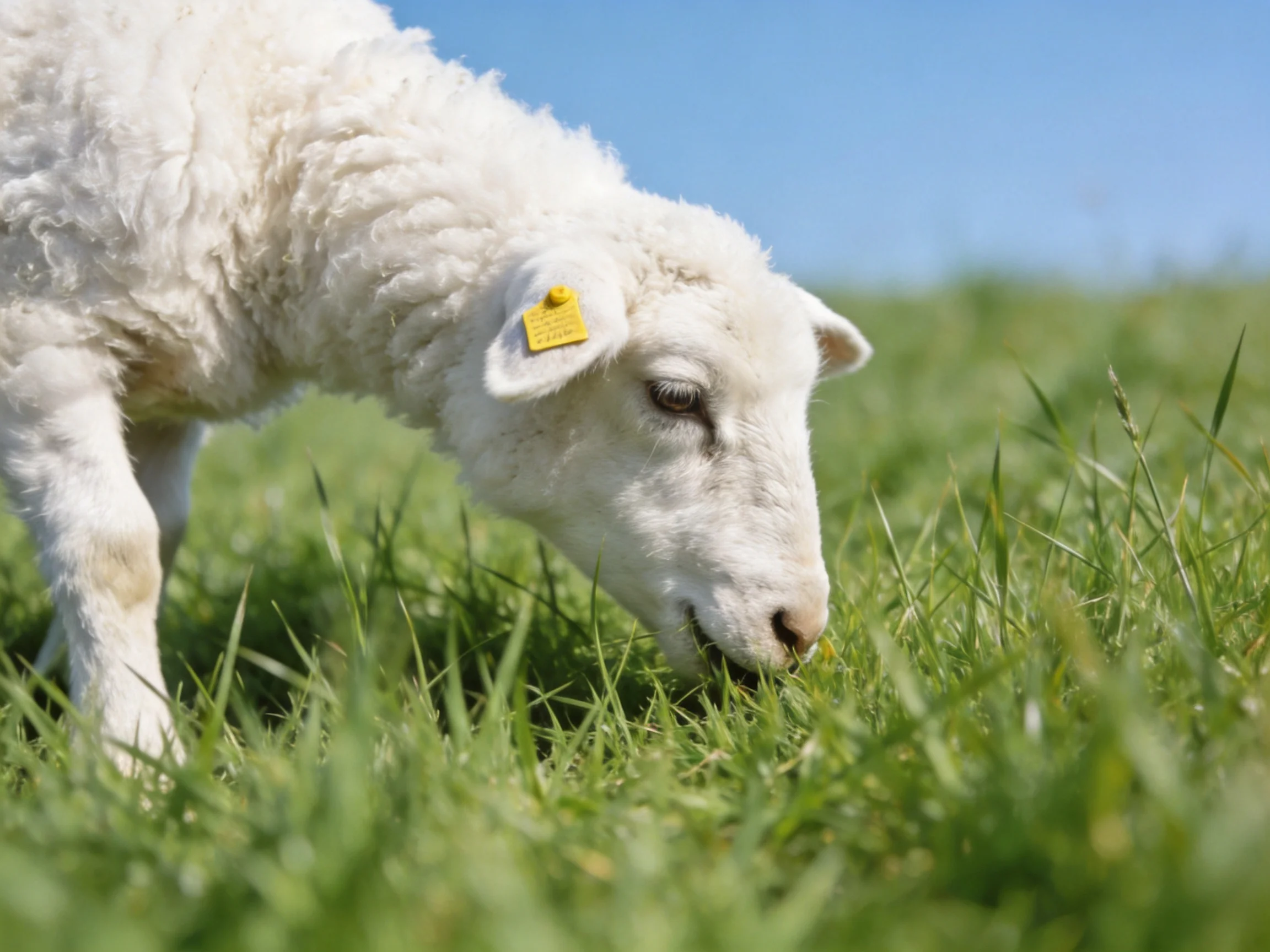 A young white lamb grazes in a sunlit green field with a clear blue sky.