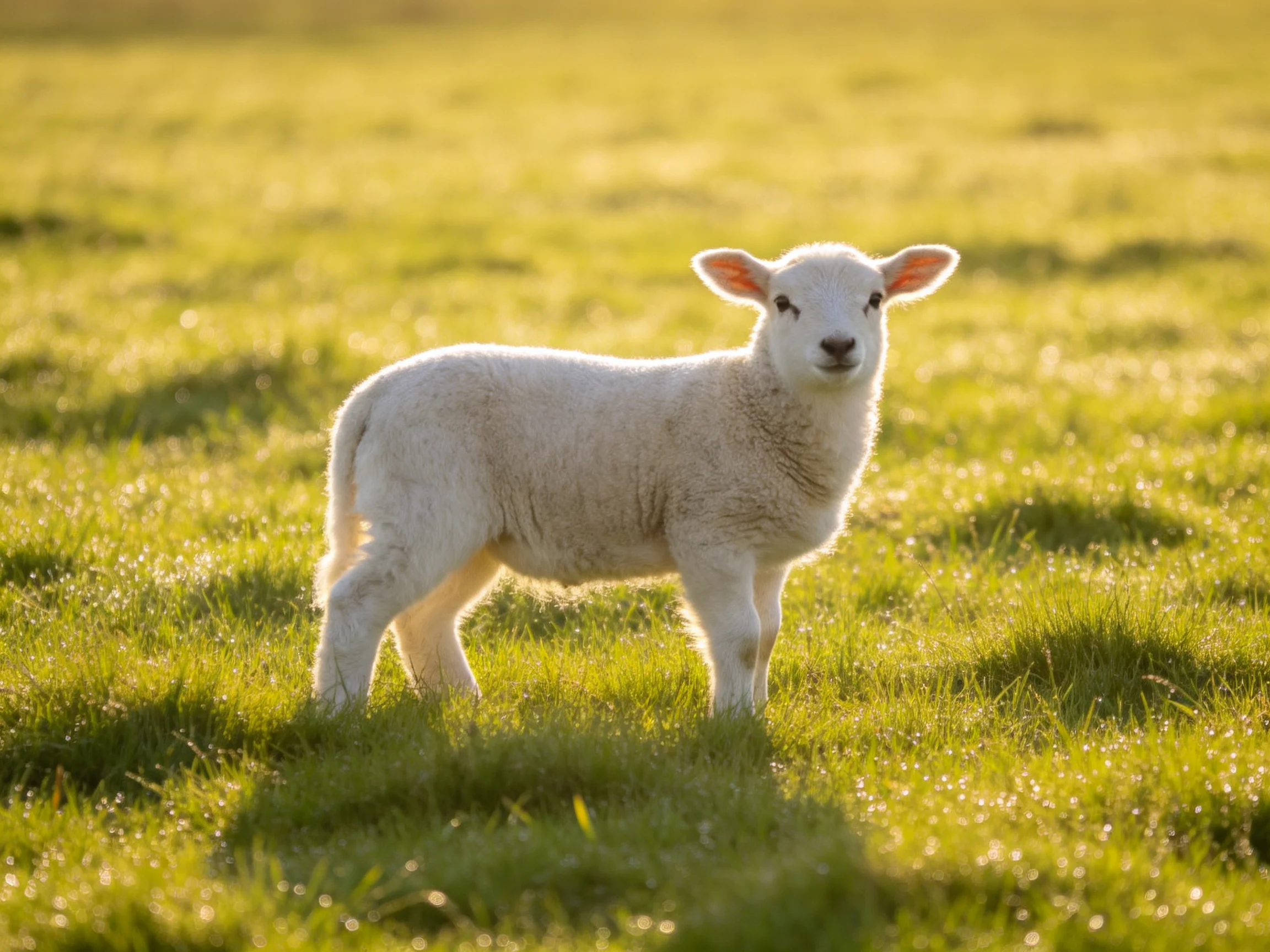 A young white lamb in a sun-drenched green meadow